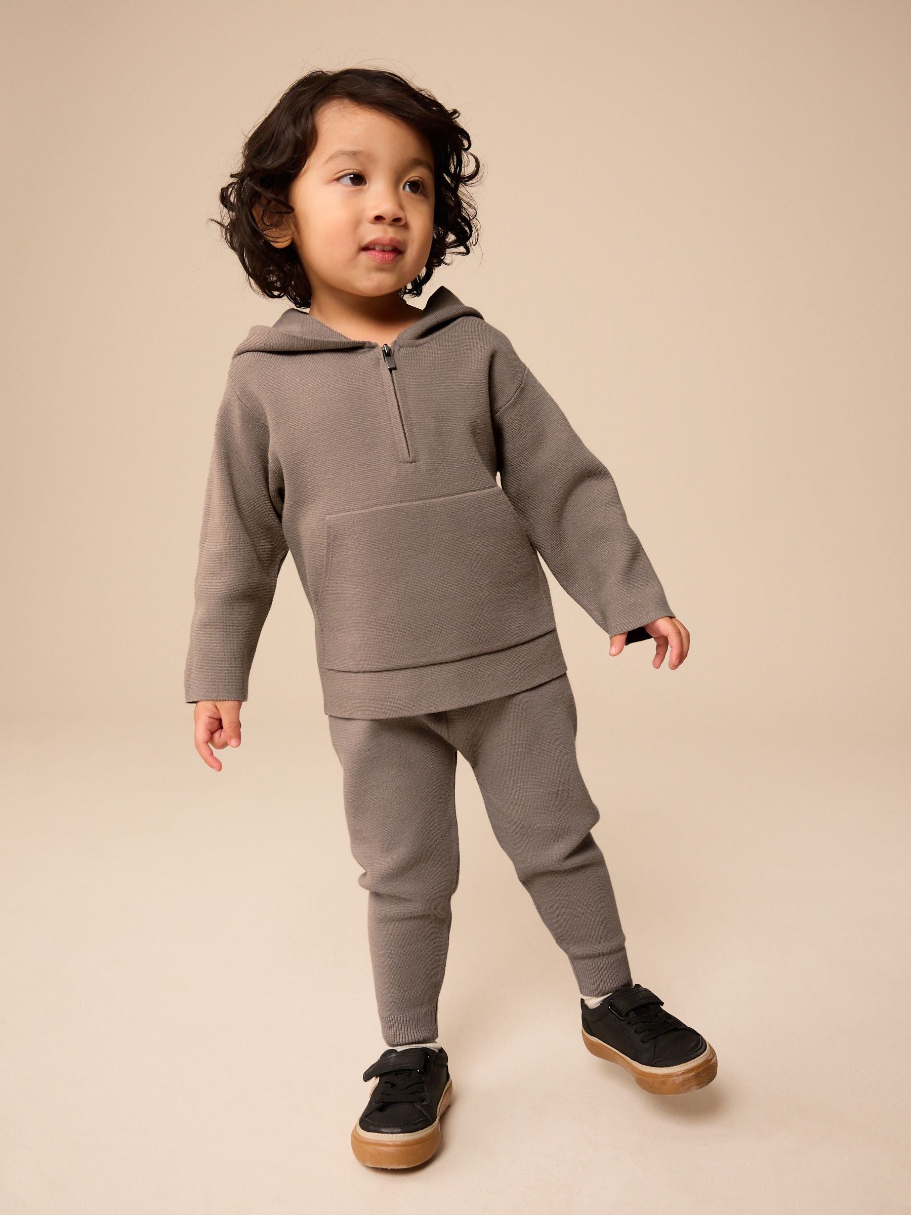 Neutral Knitted Zip Neck Utility Hoodie and Joggers Set (3mths-7yrs)