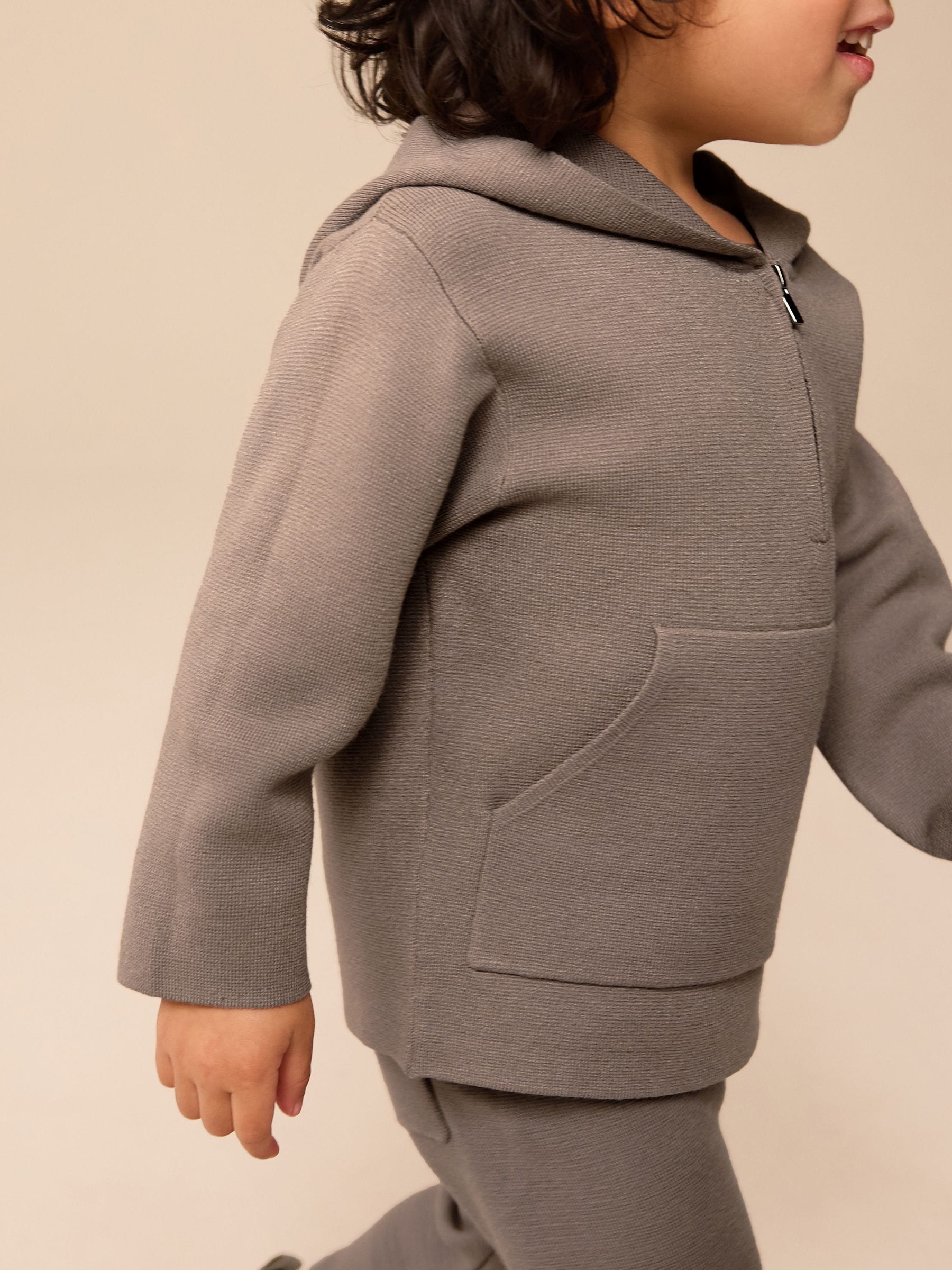 Neutral Knitted Zip Neck Utility Hoodie and Joggers Set (3mths-7yrs)