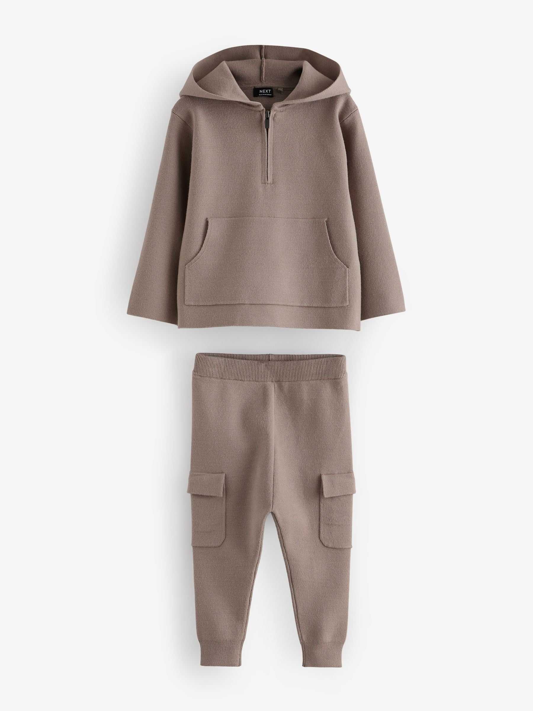 Neutral Knitted Zip Neck Utility Hoodie and Joggers Set (3mths-7yrs)