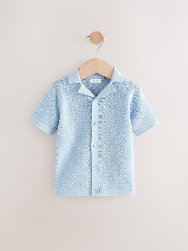 Blue Textured Revere Collar Short Sleeve Knitted 100% Cotton Polo Shirt (3mths-7yrs)