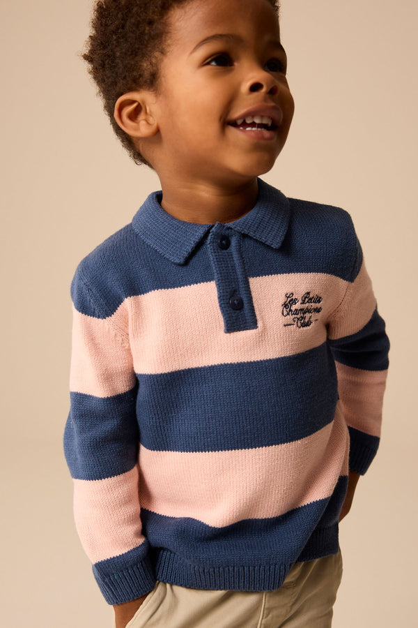 Navy Blue/Pink Stripe Knitted Rugby Shirt (3mths-7yrs)