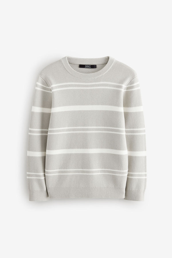 Light Grey Knitted Stripe Crew Neck 100% Cotton Jumper (3-16yrs)