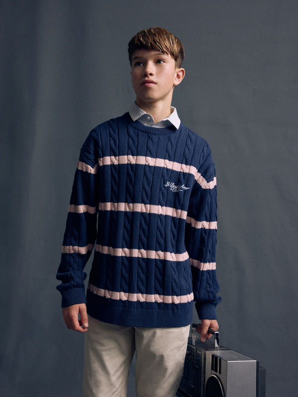 Navy Blue Stripe Mock Shirt Crew Neck Jumper (3-16yrs)