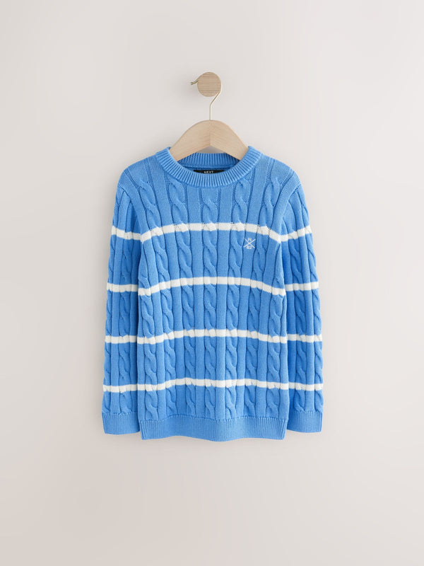 Blue/White Stripe Cable Knit Crew Neck 100% Cotton Jumper (3-16yrs)