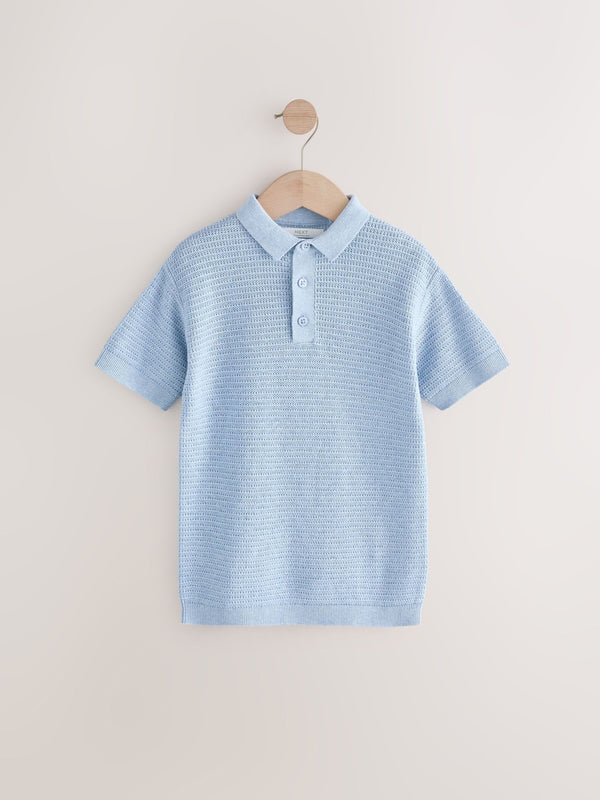 Blue 100% Cotton Textured Short Sleeve Knitted Polo Shirt (3-16yrs) (3-16yrs)