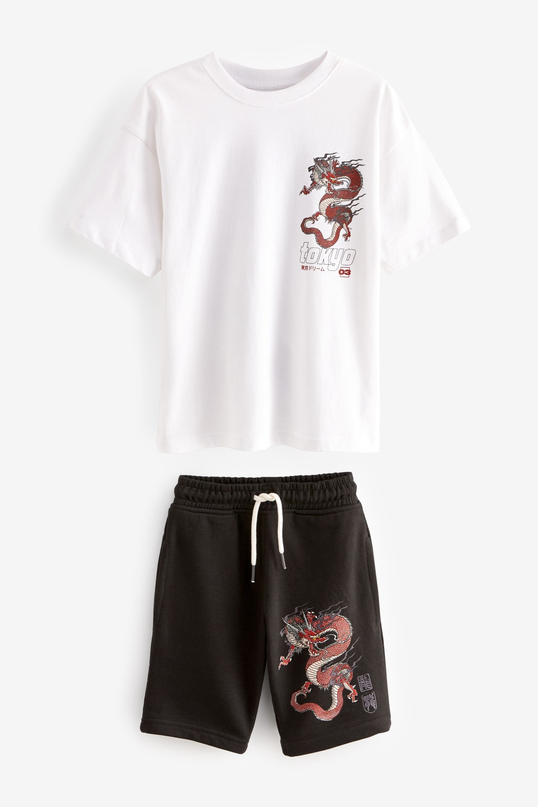 White/ Black Dragon Relaxed Fit Graphic Short Sleeve T-Shirt And Shorts Set (3-16yrs)