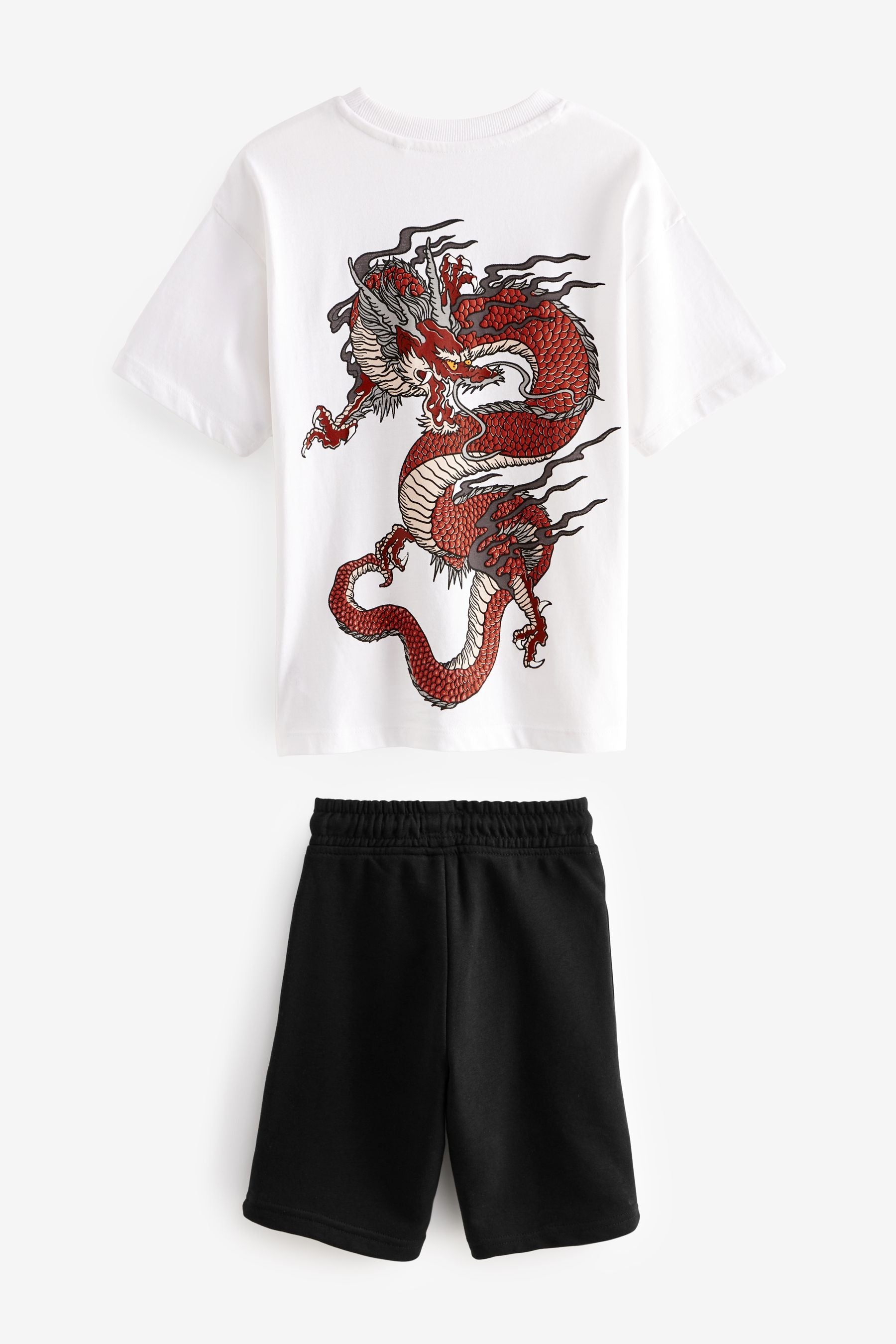 White/ Black Dragon Relaxed Fit Graphic Short Sleeve T-Shirt And Shorts Set (3-16yrs)