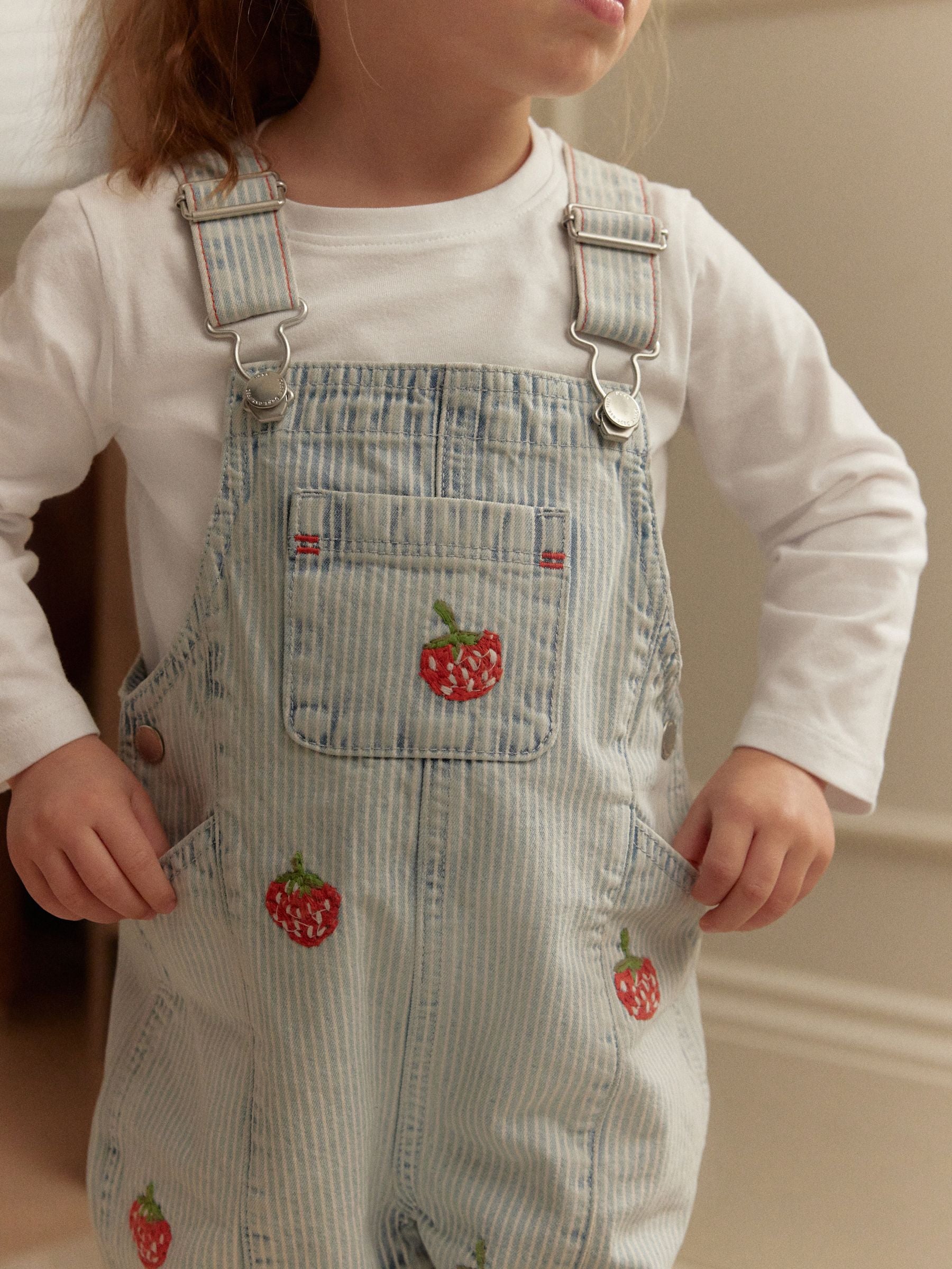 Stripe Strawberry Embellished 100% Cotton Dungarees (3mths-7yrs)