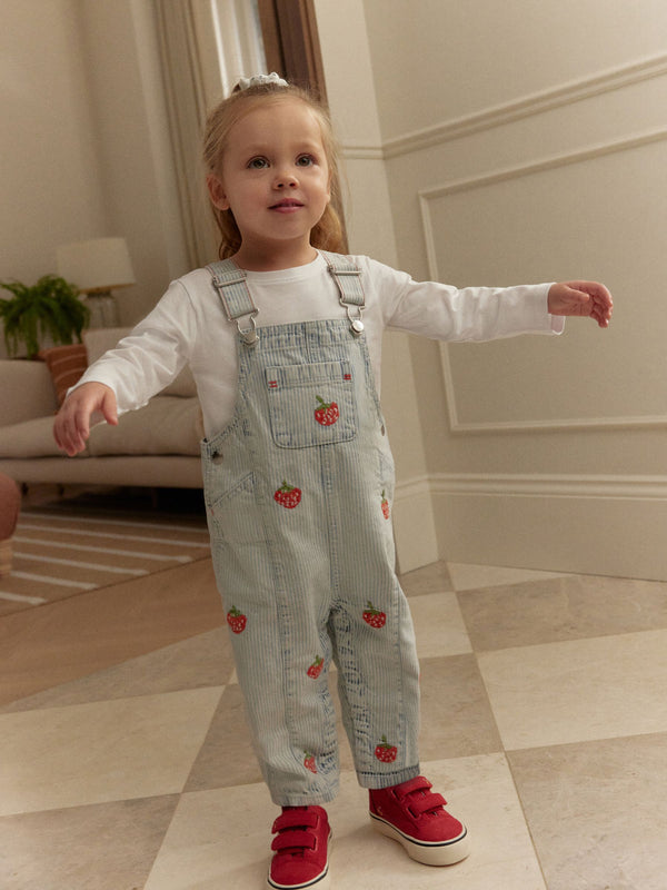 Stripe Strawberry Embellished 100% Cotton Dungarees (3mths-7yrs)