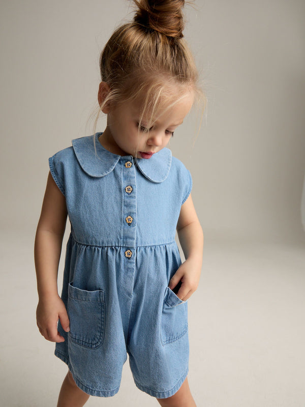 Denim Shirt Collar 100% Cotton Playsuit (3mths-7yrs)