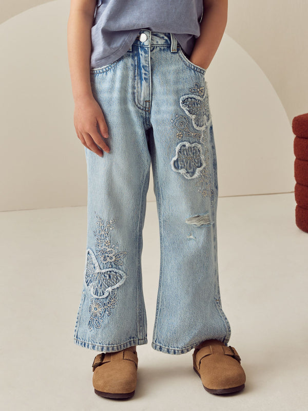 Mid Blue Butterfly Embellished Flare 100% Cotton Jeans (3-16yrs)