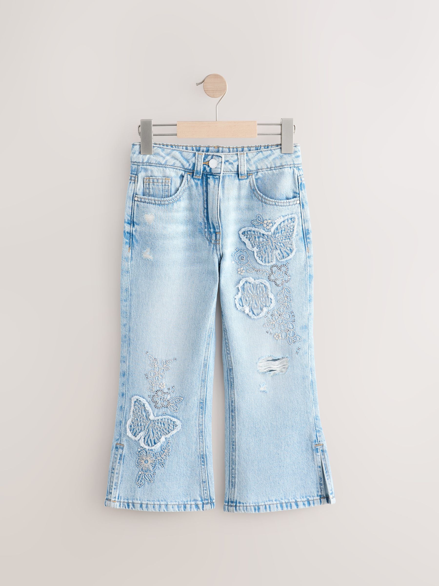 Mid Blue Butterfly Embellished Flare 100% Cotton Jeans (3-16yrs)