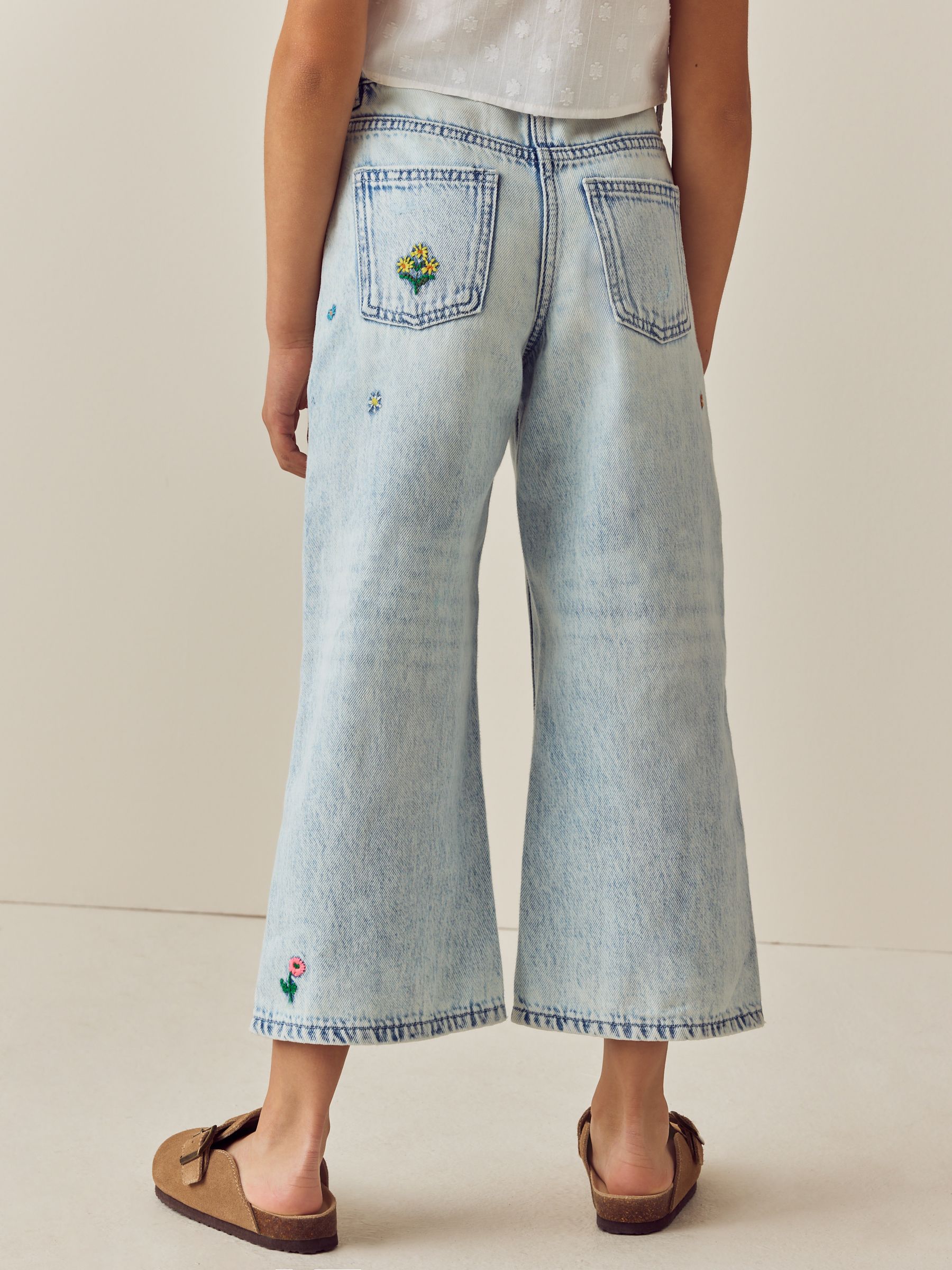 Mid Blue Floral Embroidered Wide Leg 100% Cotton Jeans (3-16yrs)