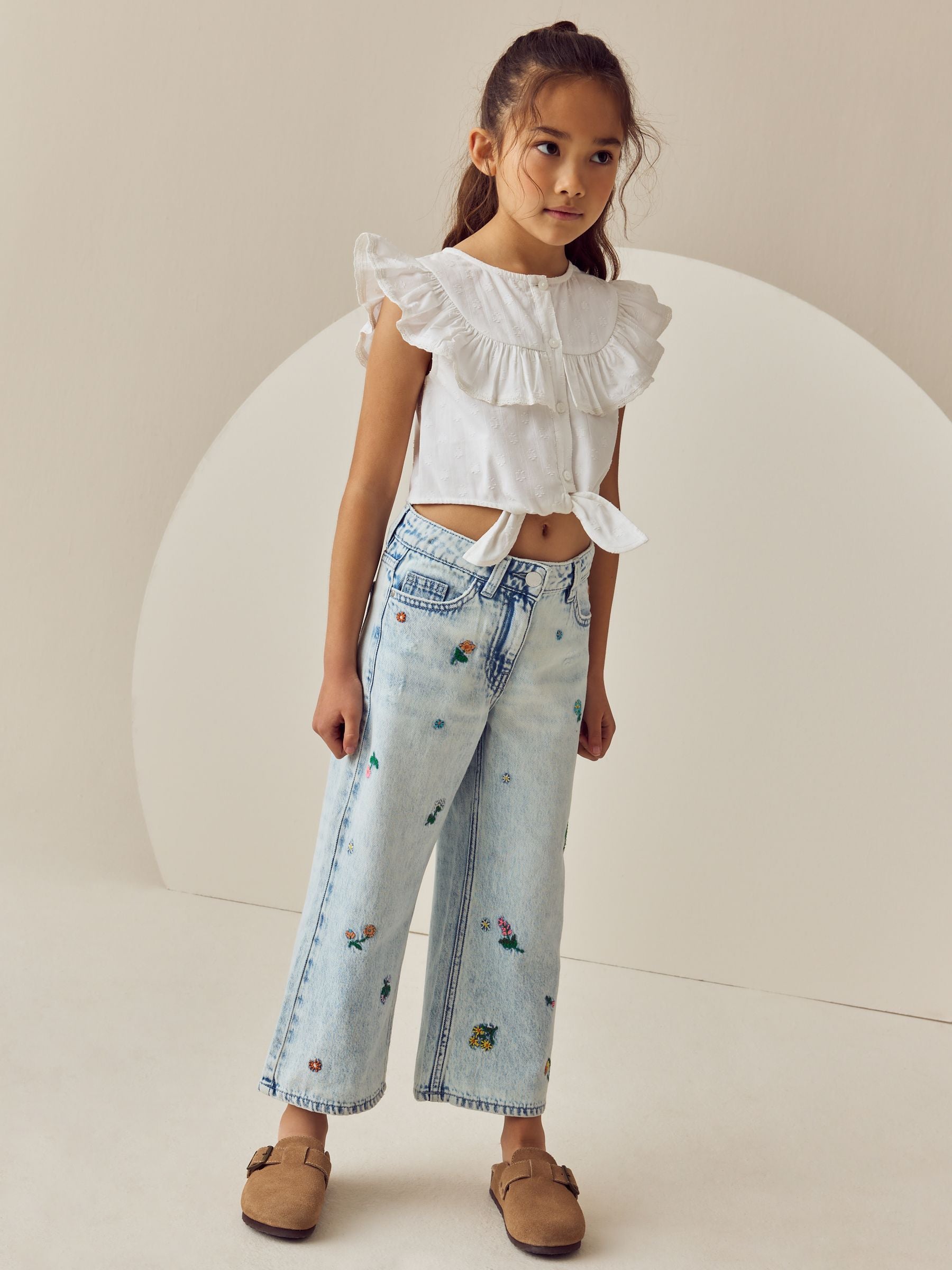 Mid Blue Floral Embroidered Wide Leg 100% Cotton Jeans (3-16yrs)