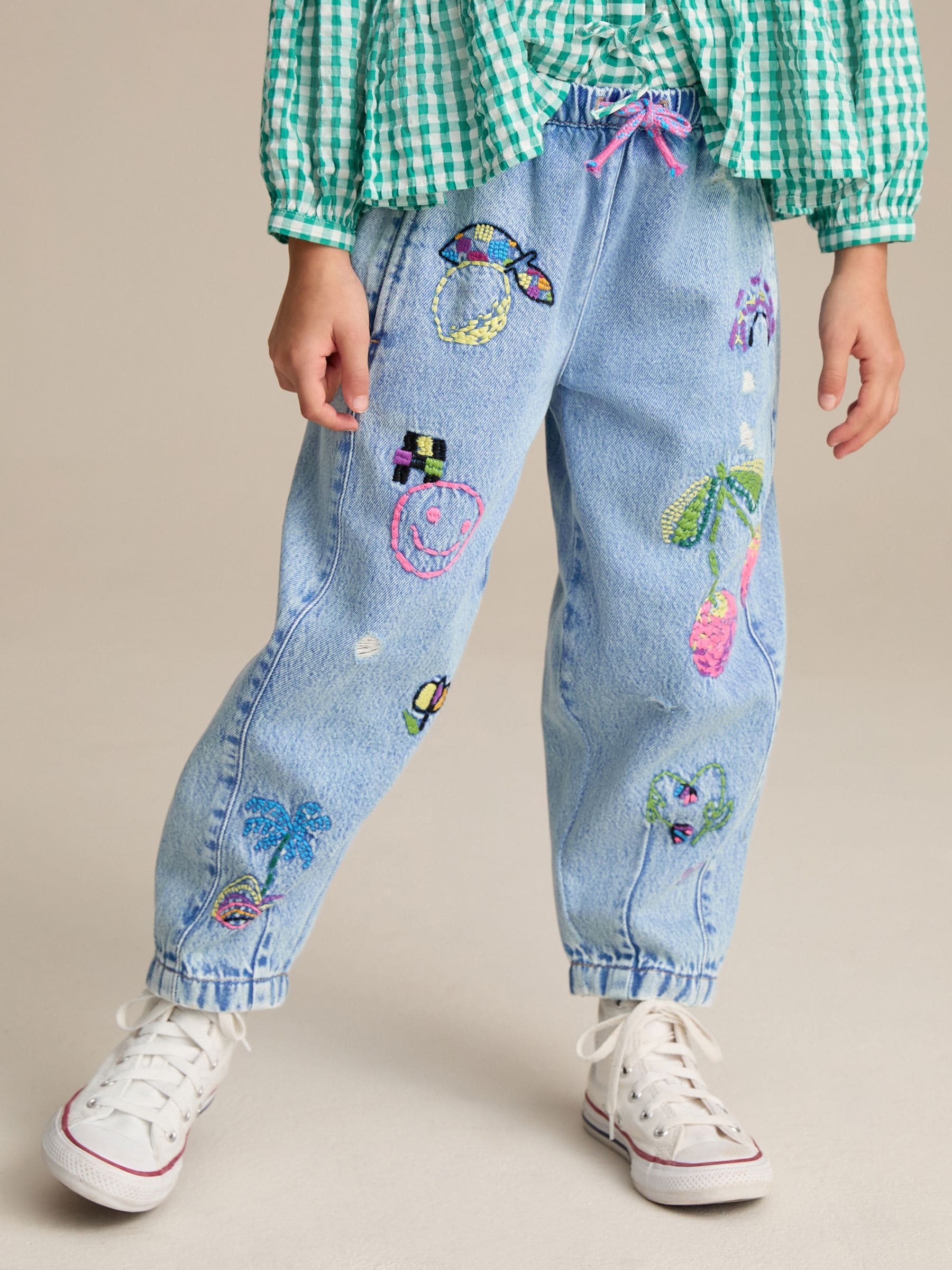 Mid Blue Pull On Embroidered Barrel 100% Cotton Jeans (3-16yrs)