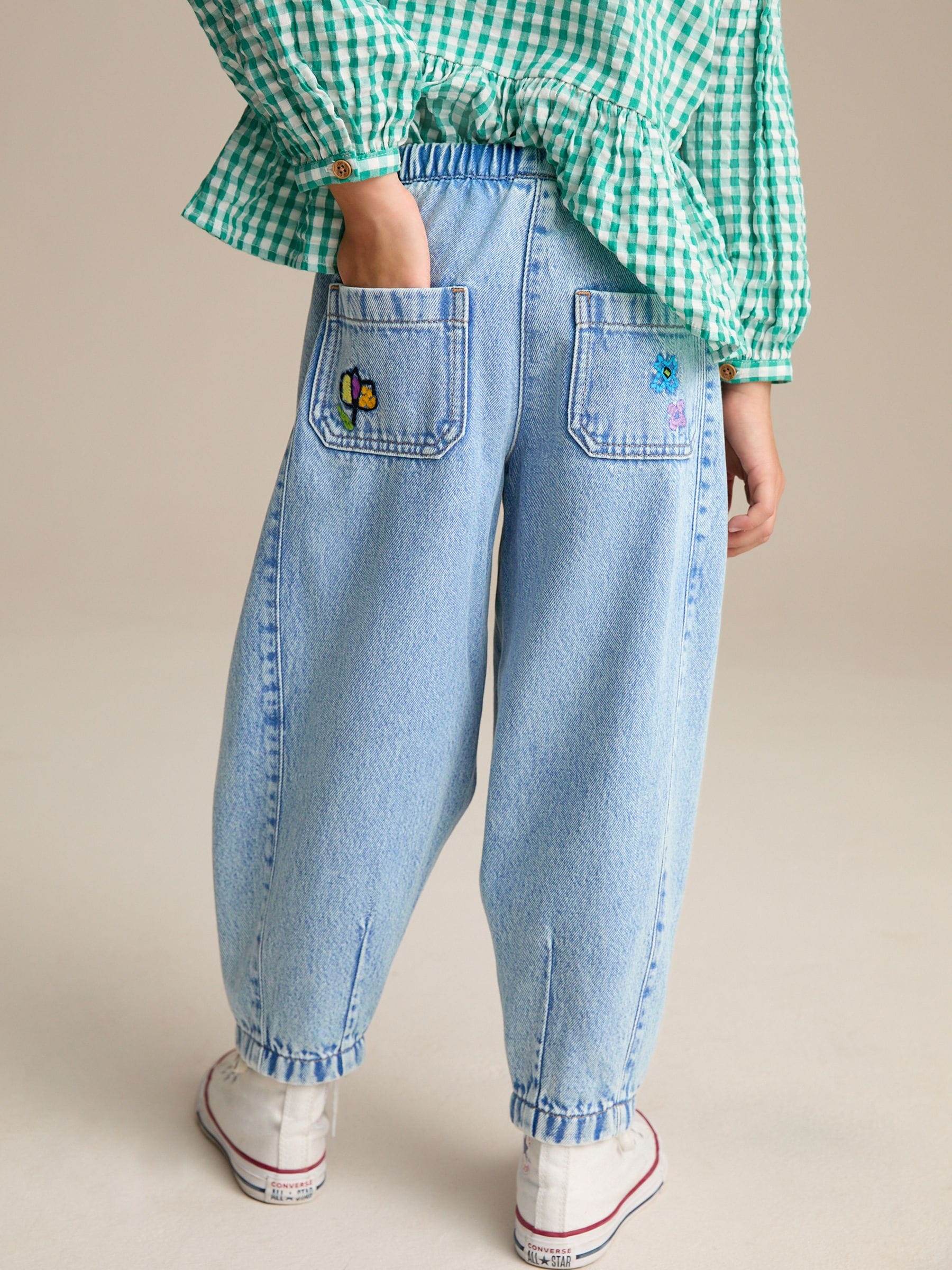 Mid Blue Pull On Embroidered Barrel 100% Cotton Jeans (3-16yrs)