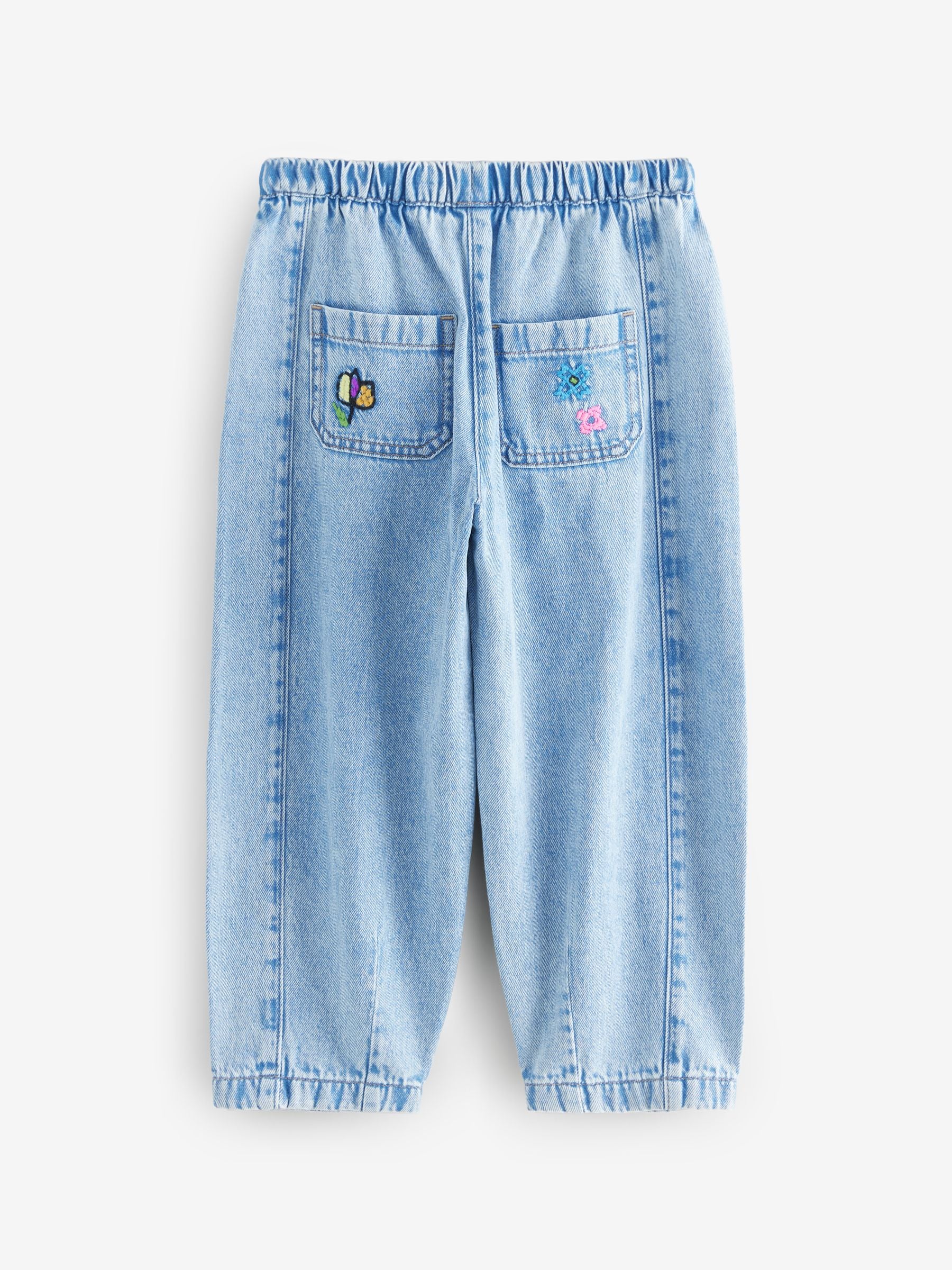 Mid Blue Pull On Embroidered Barrel 100% Cotton Jeans (3-16yrs)