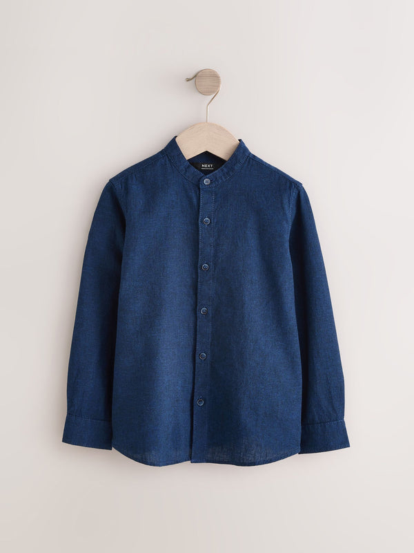 Indigo Blue Grandad Collar Linen Mix Long Sleeve Shirt (3-16yrs)