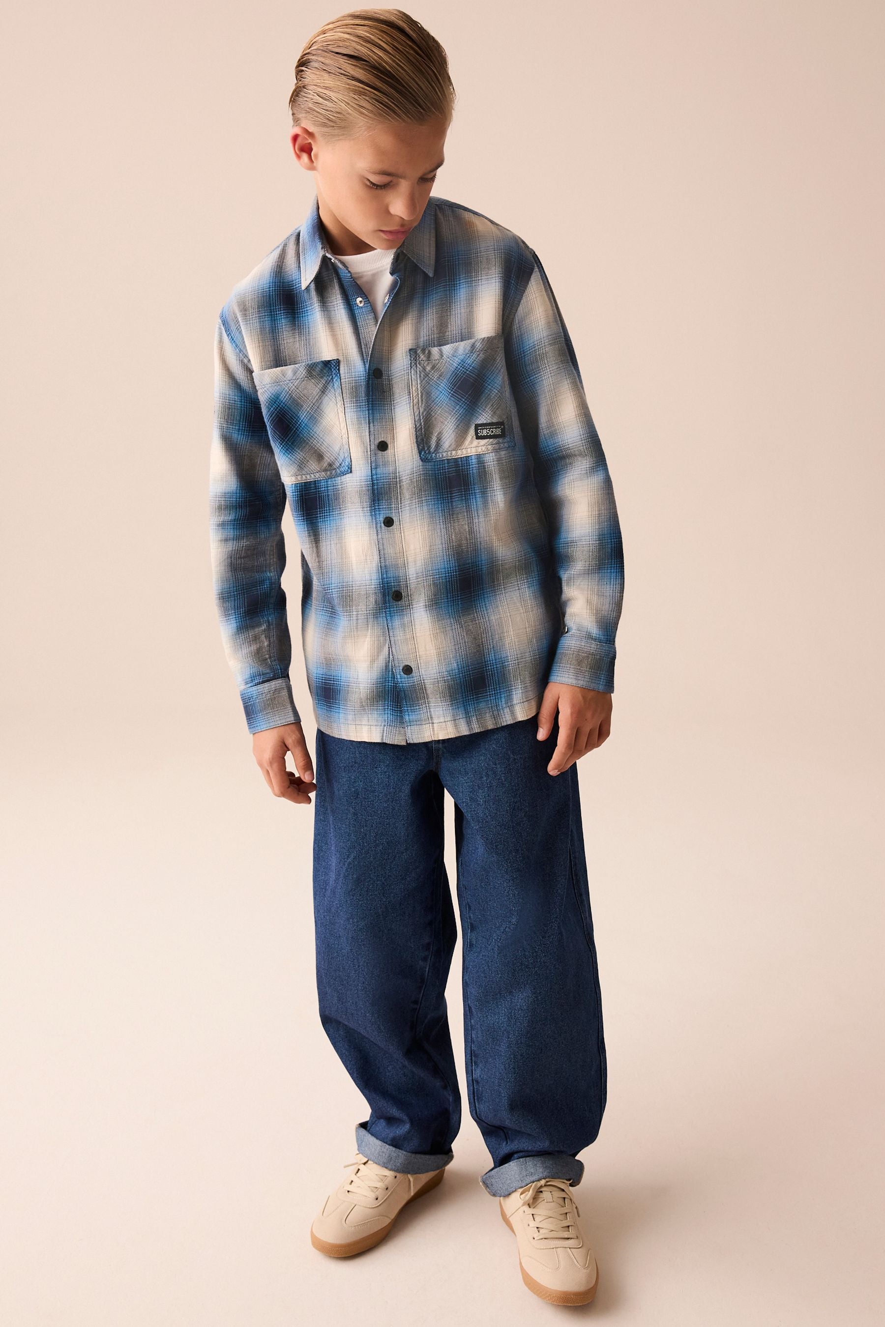 Cobalt Blue Subscribe 100% Cotton Long Sleeve Check Shirt (3-16yrs)