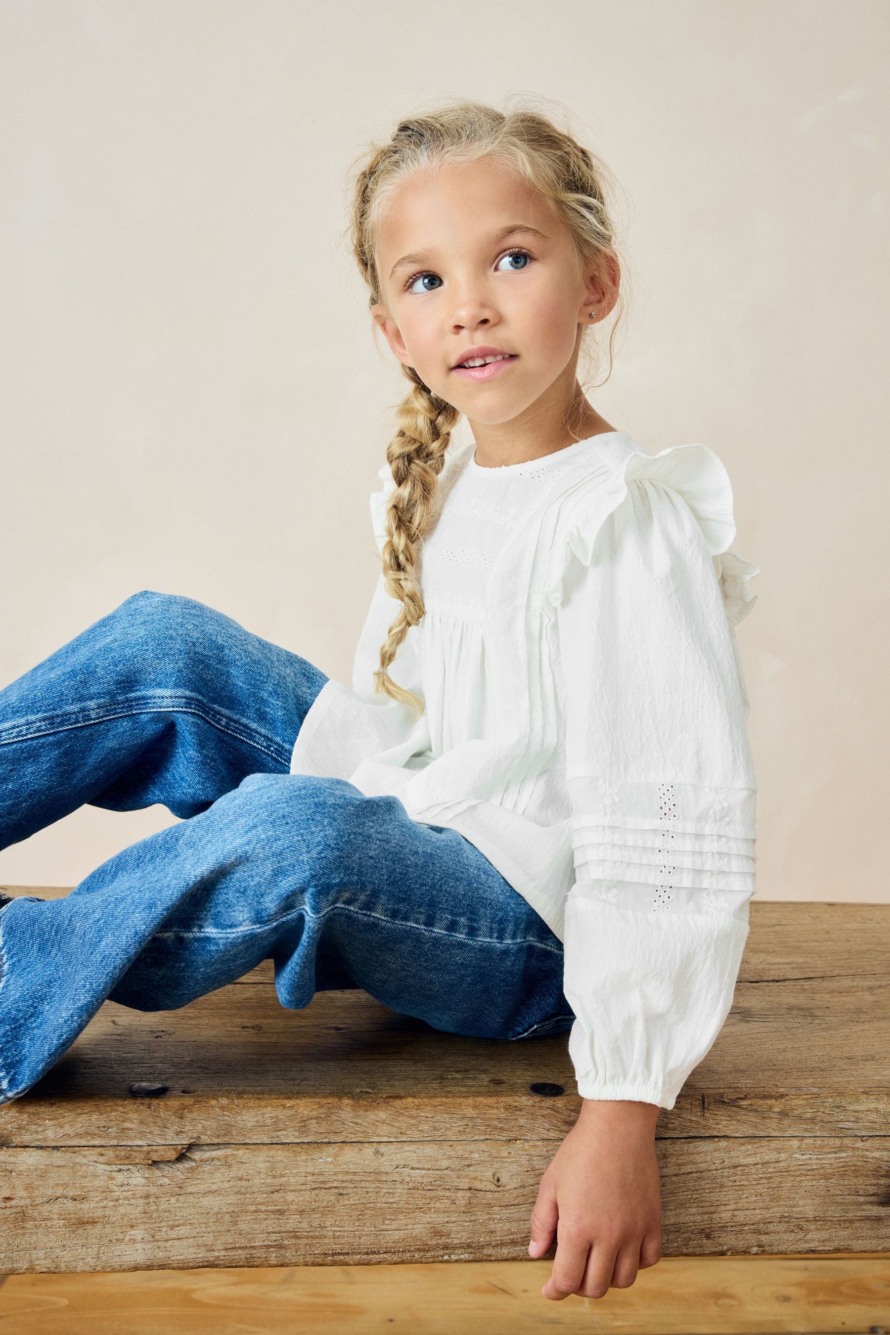 White Long Sleeve Frill 100% Cotton Blouse (3-16yrs)