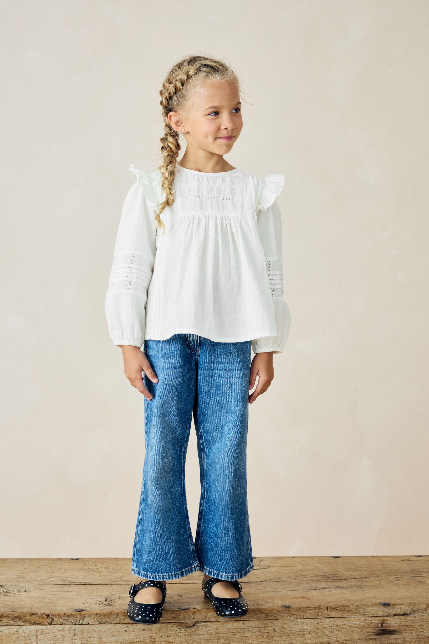 White Long Sleeve Frill 100% Cotton Blouse (3-16yrs)