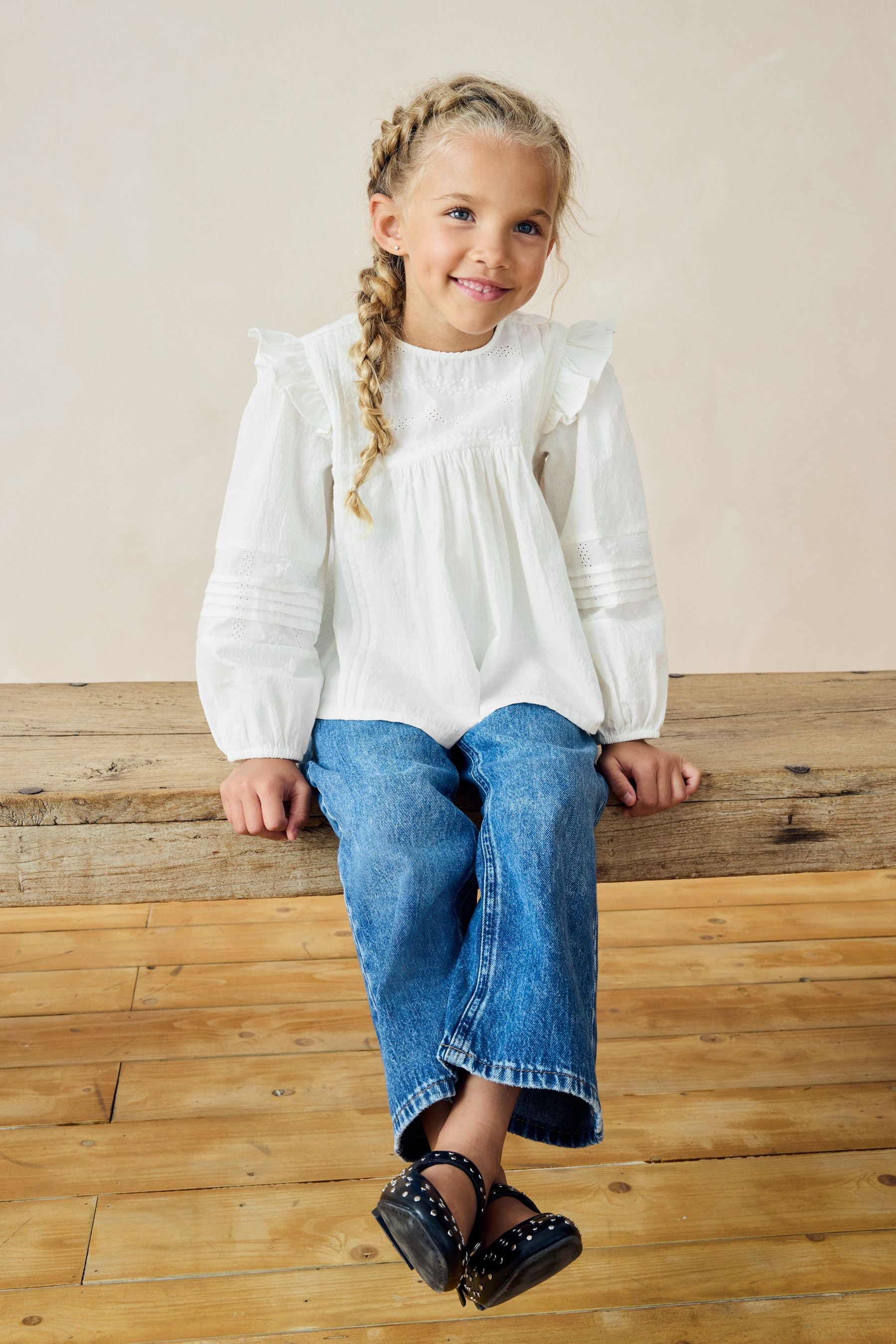 White Long Sleeve Frill 100% Cotton Blouse (3-16yrs)