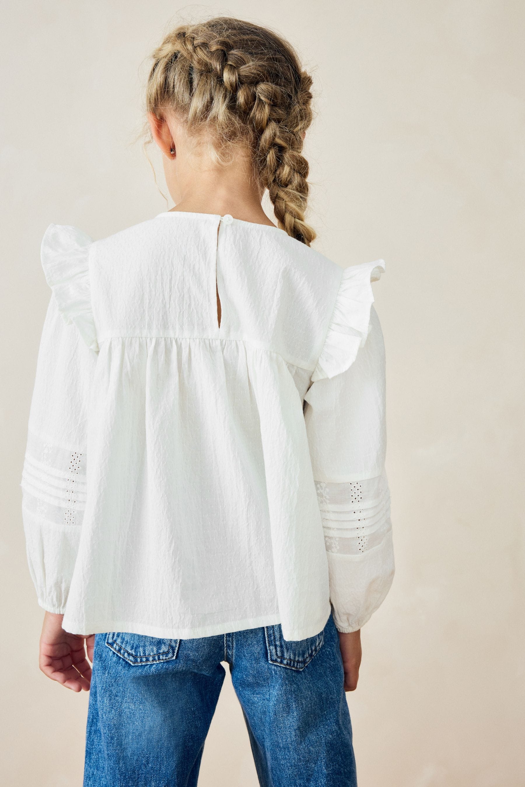 White Long Sleeve Frill 100% Cotton Blouse (3-16yrs)