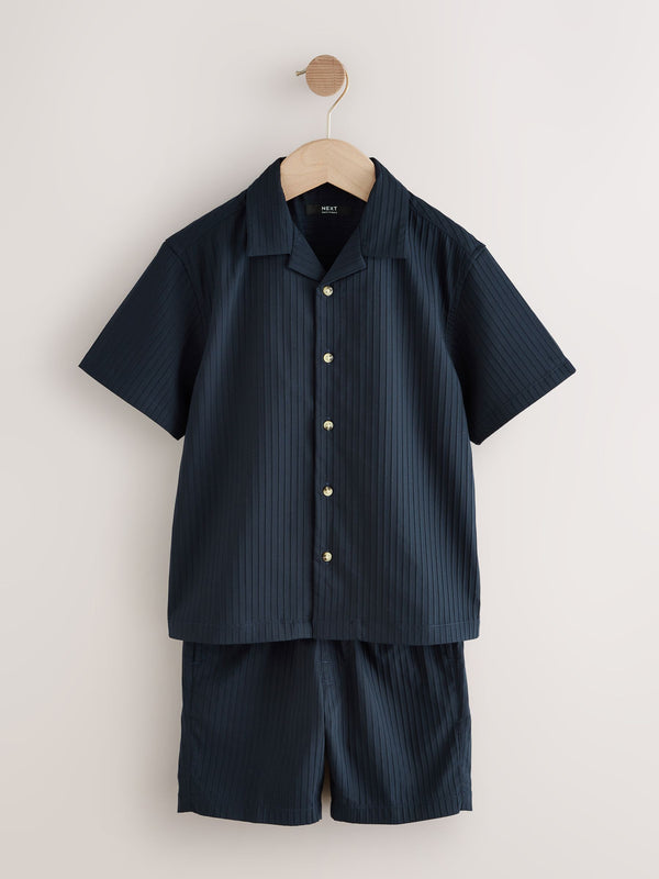 Navy Short Sleeves Revere Collar Texture Shirt & Shorts Set (3-16yrs)