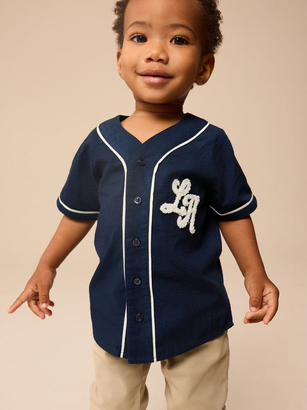 Navy Varsity 100% Cotton Short Sleeve Varsity Baseball Neck Shirt (3mths-7yrs)