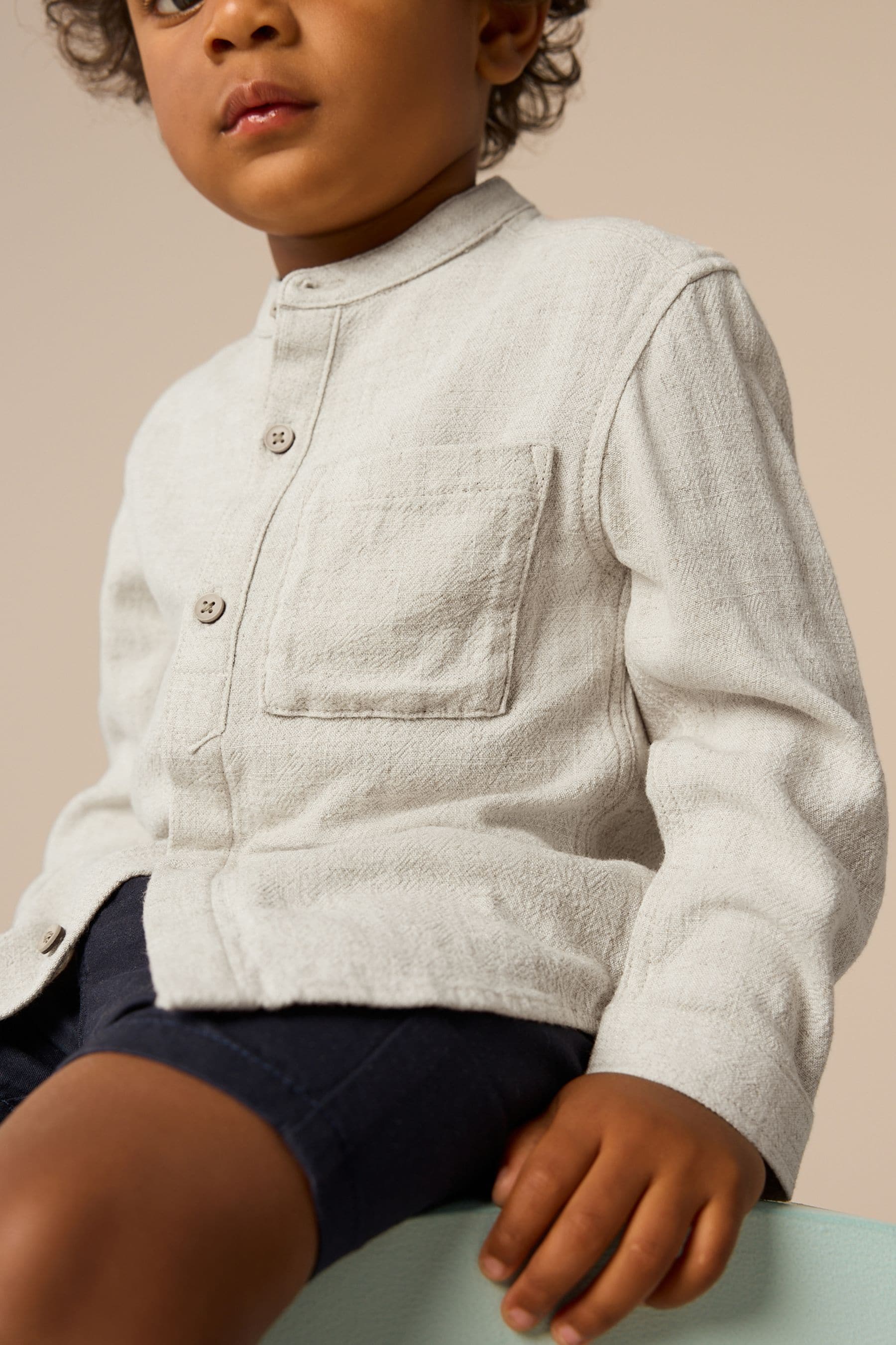 Neutral Linen Long Sleeve Grandad Collar Linen Blend Shirt (3mths-7yrs)