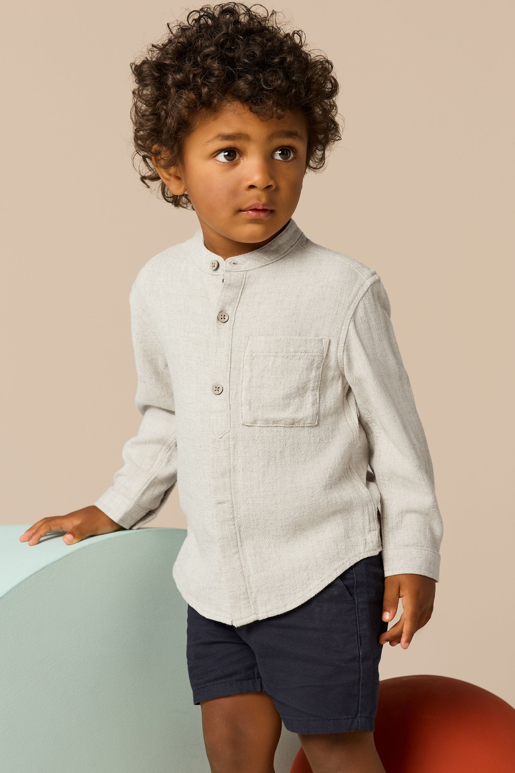 Neutral Linen Long Sleeve Grandad Collar Linen Blend Shirt (3mths-7yrs)