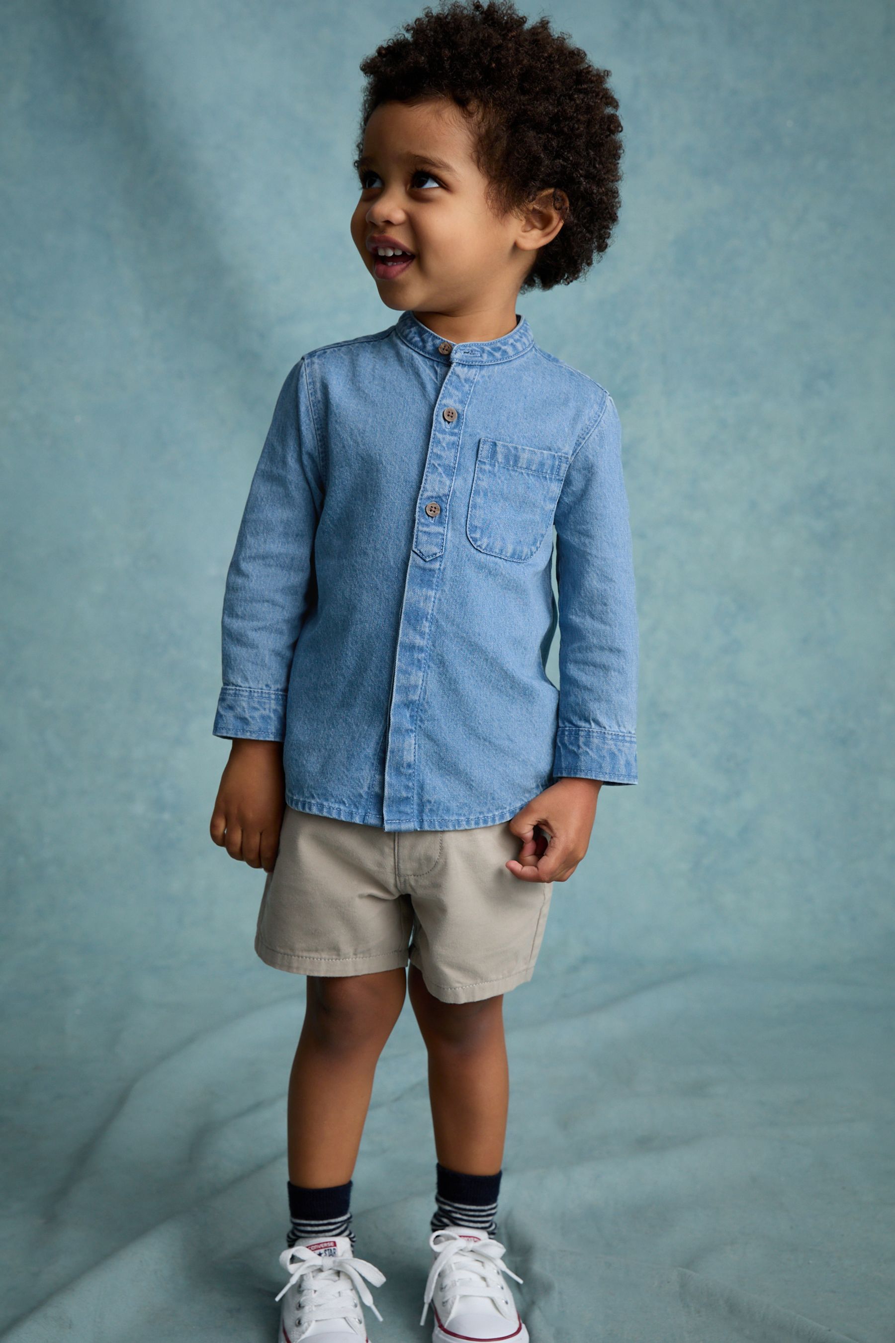 Blue Denim 100% Cotton Long Sleeve Grandad Collar Denim Shirt (3mths-7yrs)