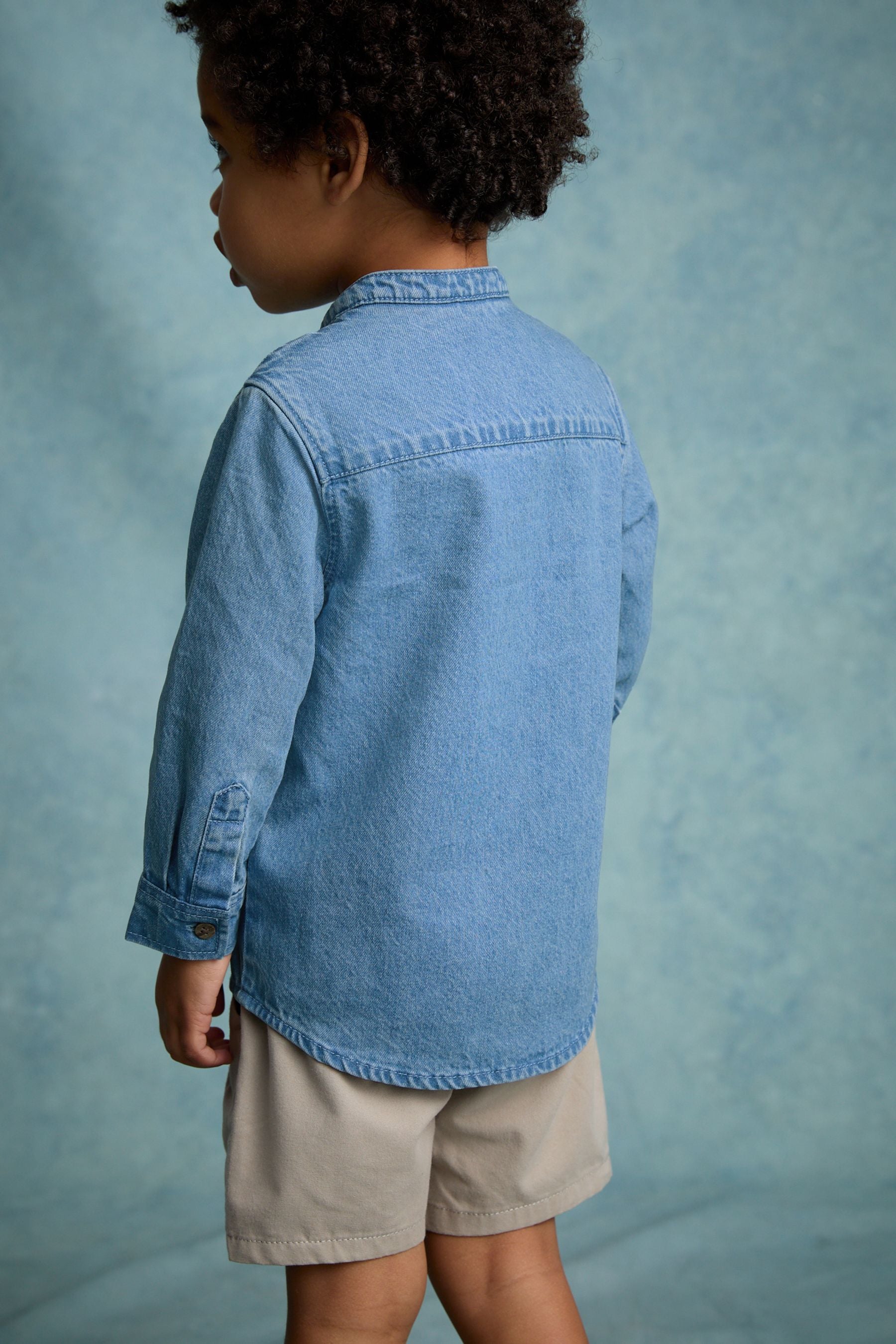 Blue Denim 100% Cotton Long Sleeve Grandad Collar Denim Shirt (3mths-7yrs)