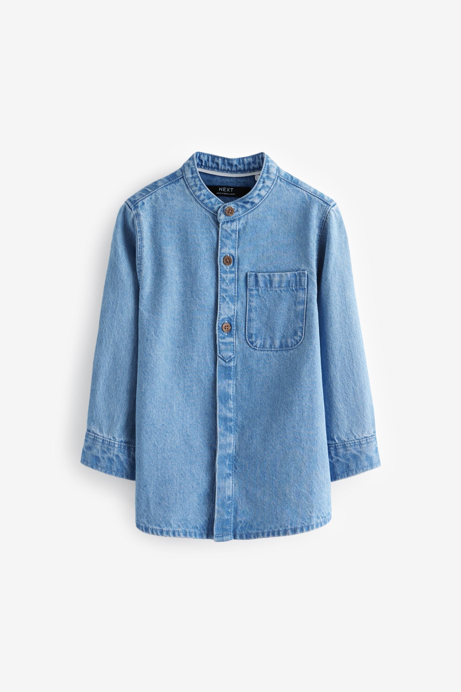 Blue Denim 100% Cotton Long Sleeve Grandad Collar Denim Shirt (3mths-7yrs)