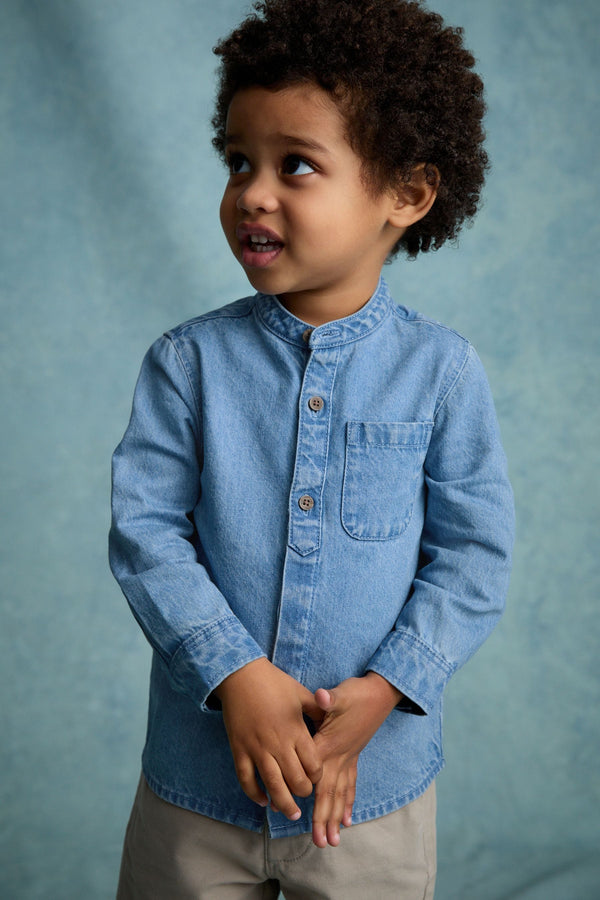 Blue Denim 100% Cotton Long Sleeve Grandad Collar Denim Shirt (3mths-7yrs)