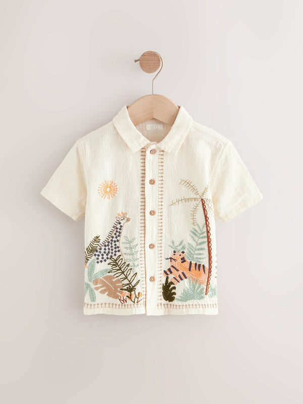 Ecru White Short Sleeve Embroidered 100% Cotton Shirt (3mths-7yrs)