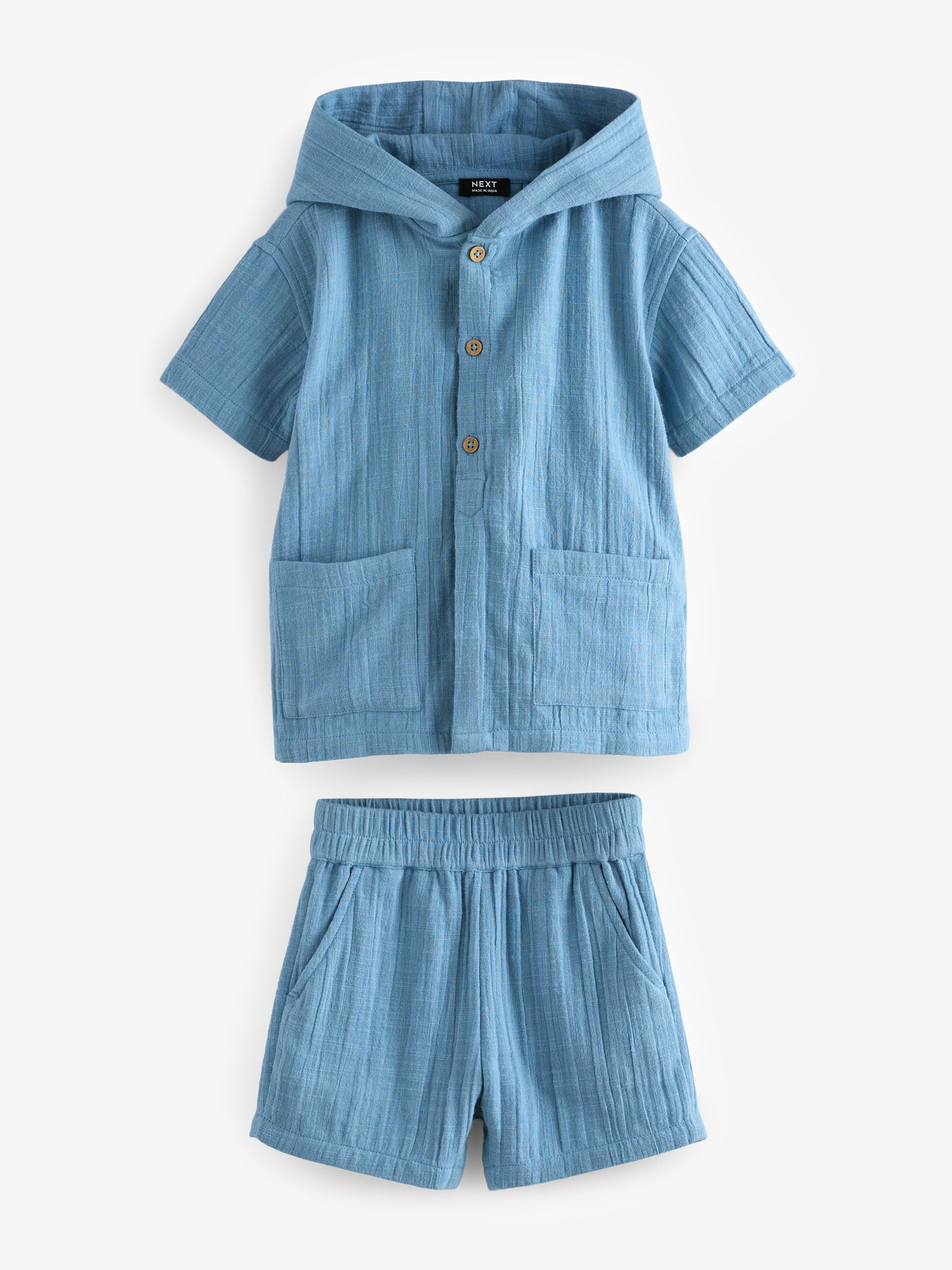 Blue 100% Cotton Short Sleeve Texture Hooded Shirt and Shorts Set (3mths-7yrs)