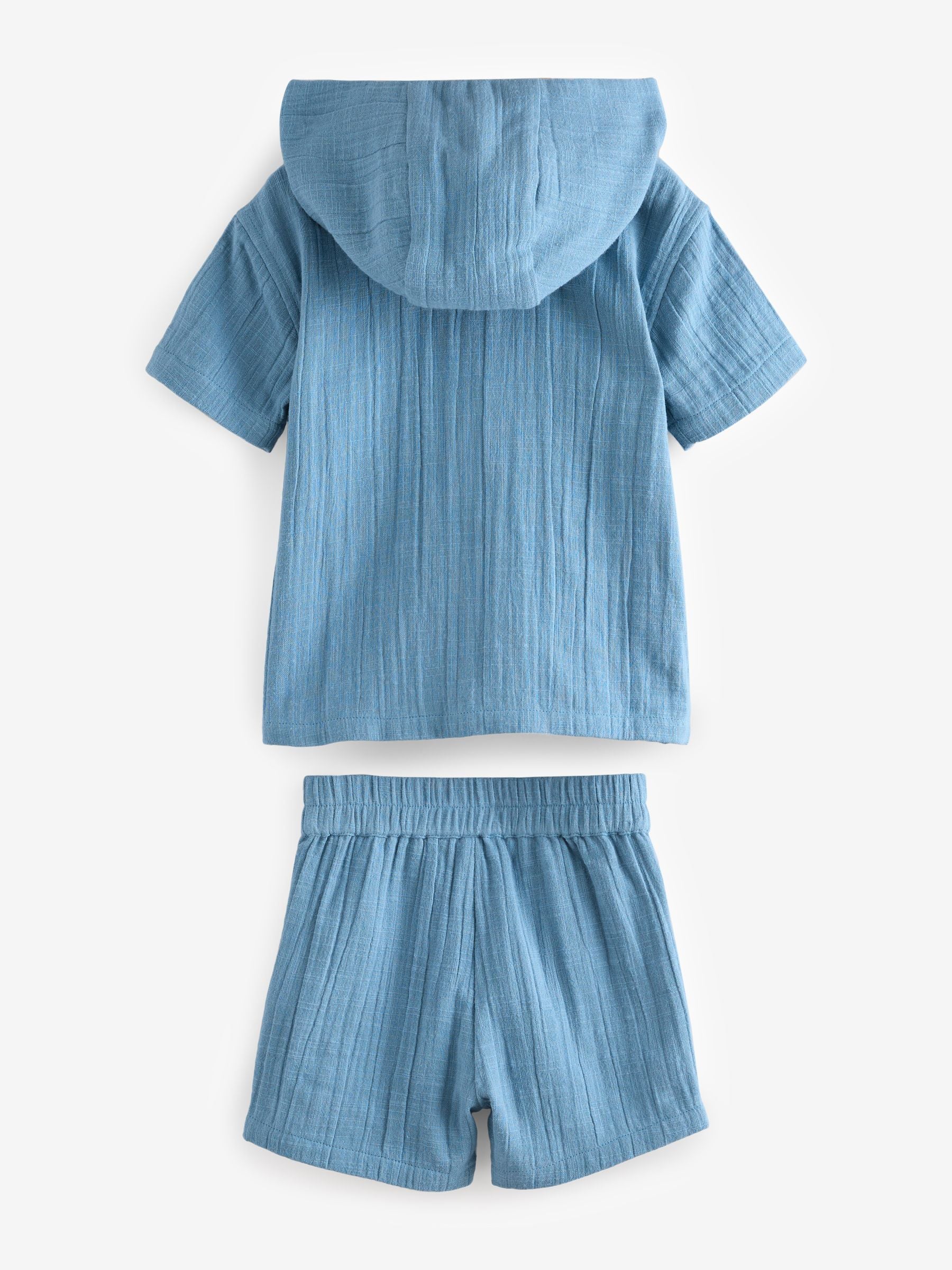 Blue 100% Cotton Short Sleeve Texture Hooded Shirt and Shorts Set (3mths-7yrs)