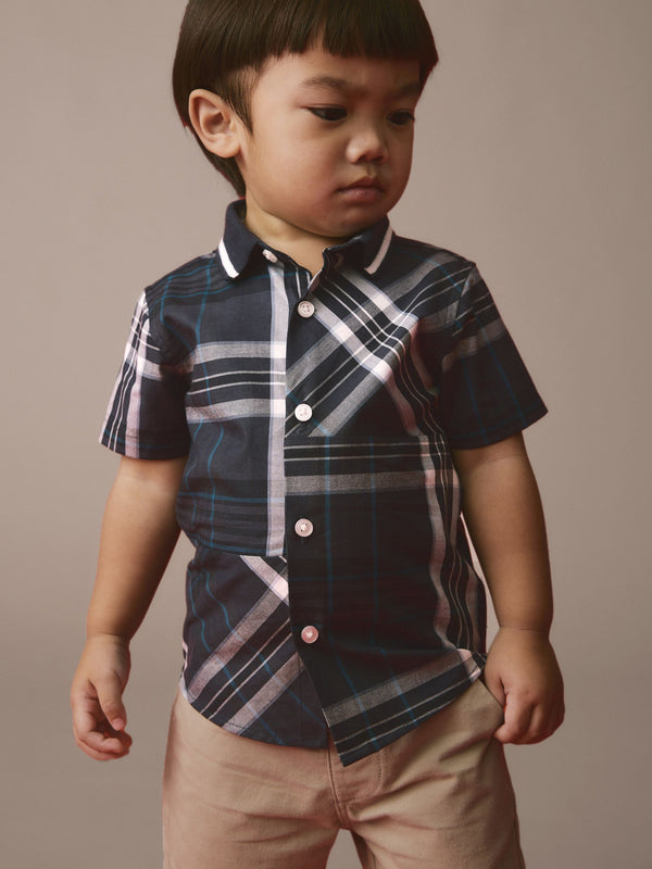 Navy 100% Cotton Short Sleeves Check Splice Shirt (3mths-7yrs)