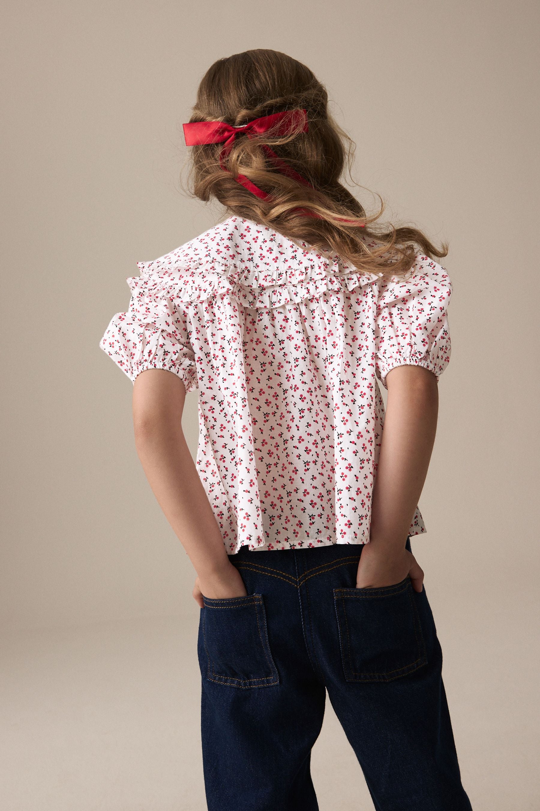 Red Ditsy Embroidered Collar 100% Cotton Blouse (3-16yrs)