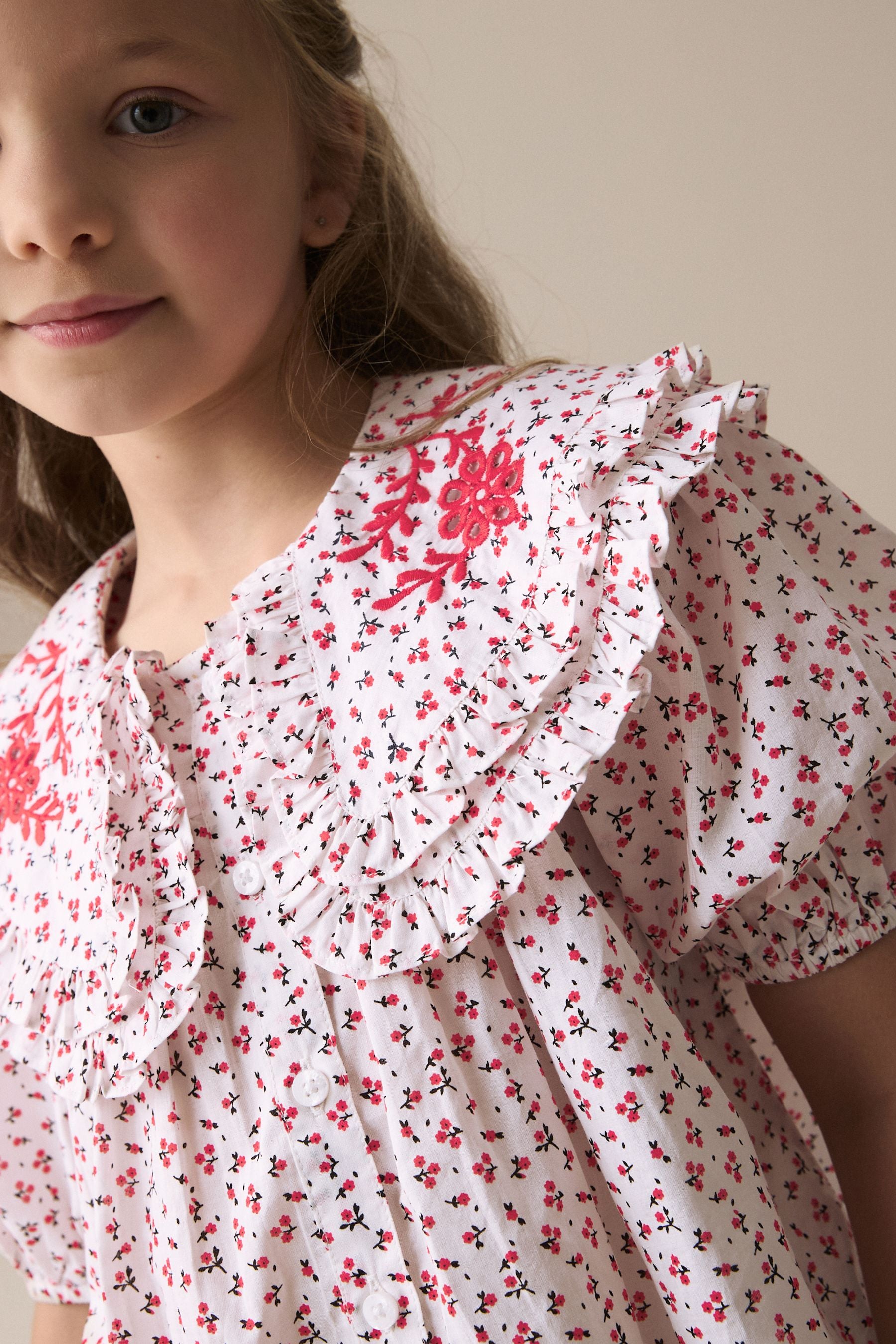 Red Ditsy Embroidered Collar 100% Cotton Blouse (3-16yrs)