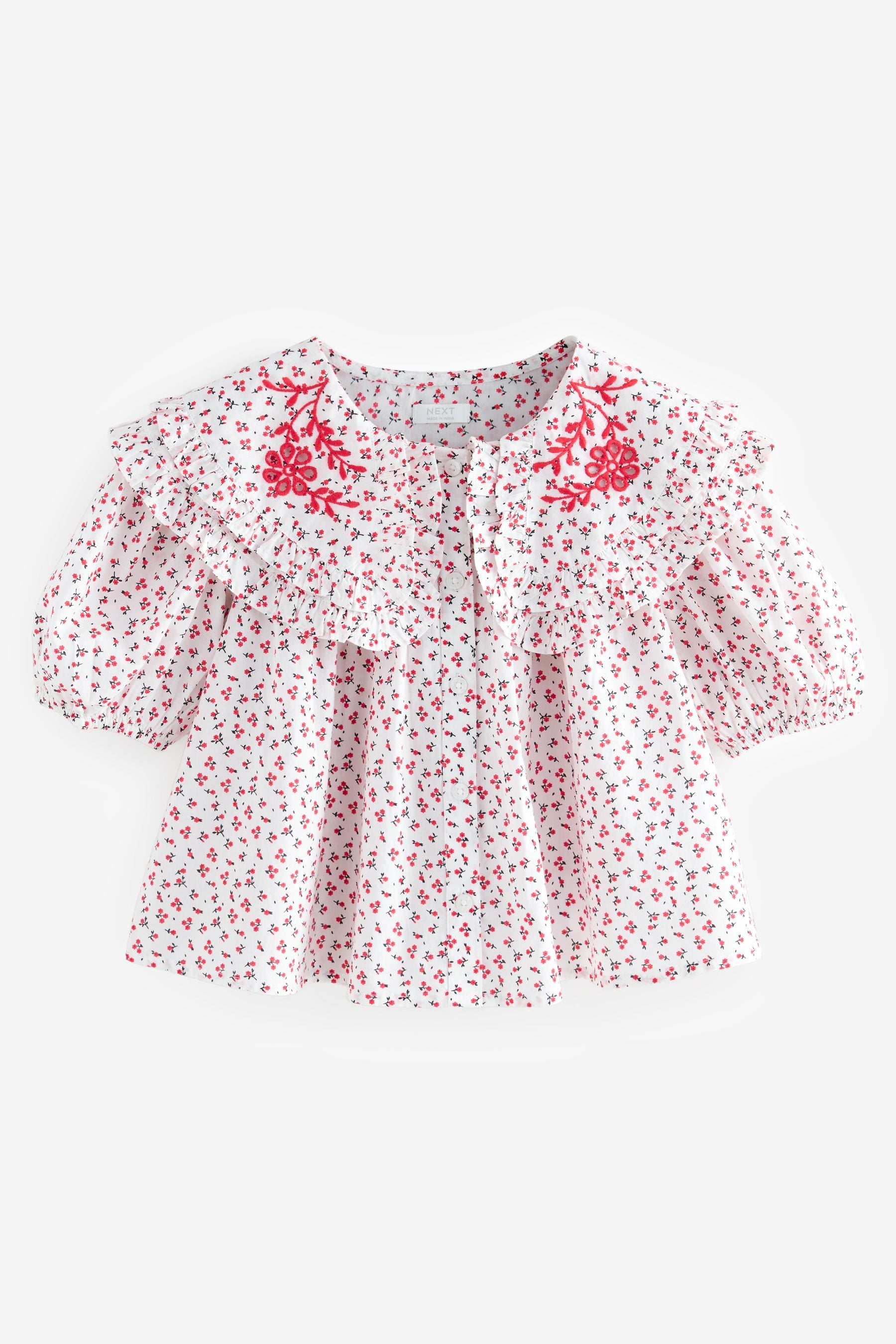 Red Ditsy Embroidered Collar 100% Cotton Blouse (3-16yrs)