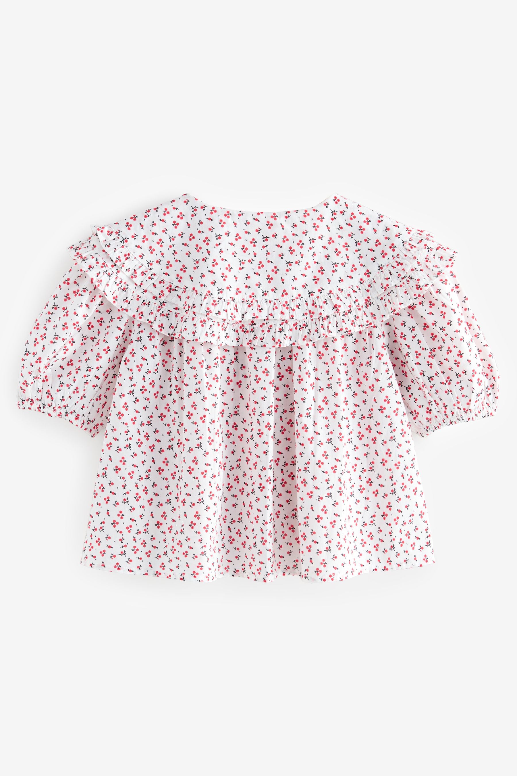 Red Ditsy Embroidered Collar 100% Cotton Blouse (3-16yrs)