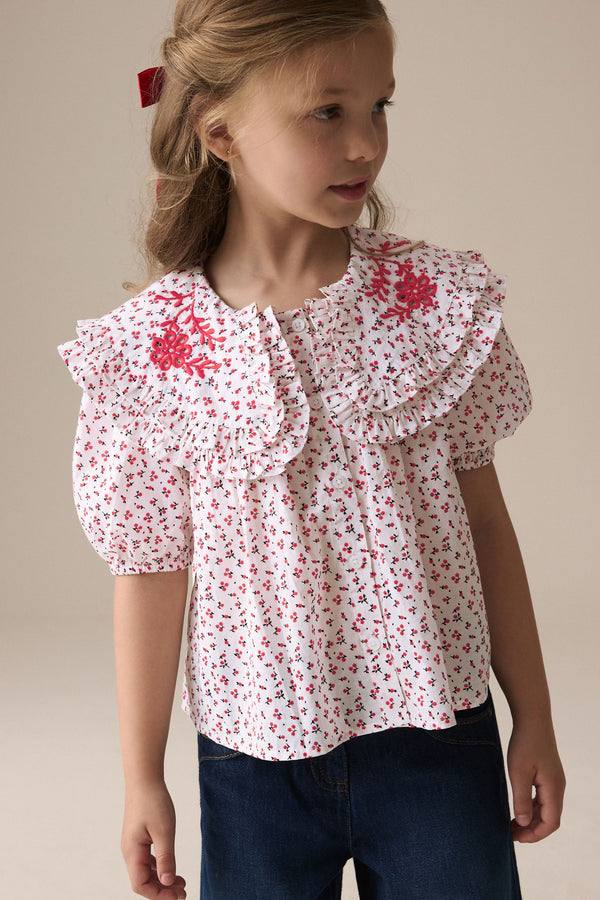 Red Ditsy Embroidered Collar 100% Cotton Blouse (3-16yrs)