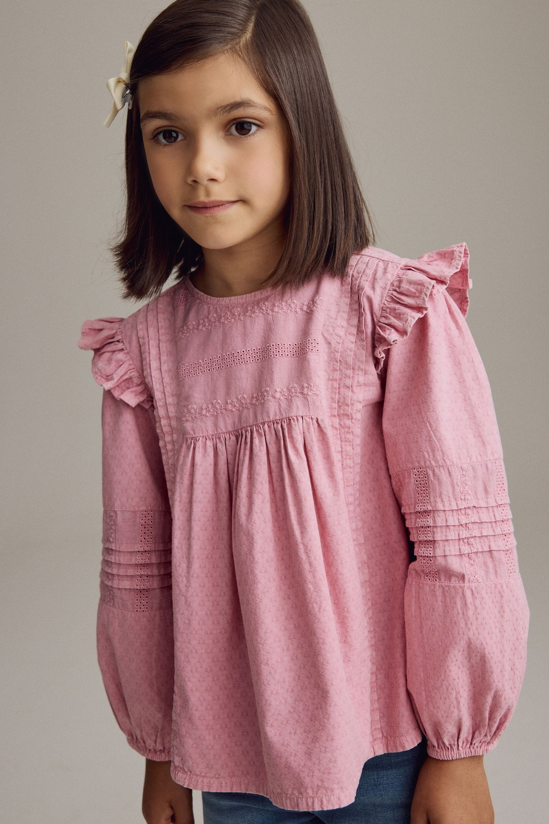 Pink Long Sleeve Frill 100% Cotton Blouse (3-16yrs)