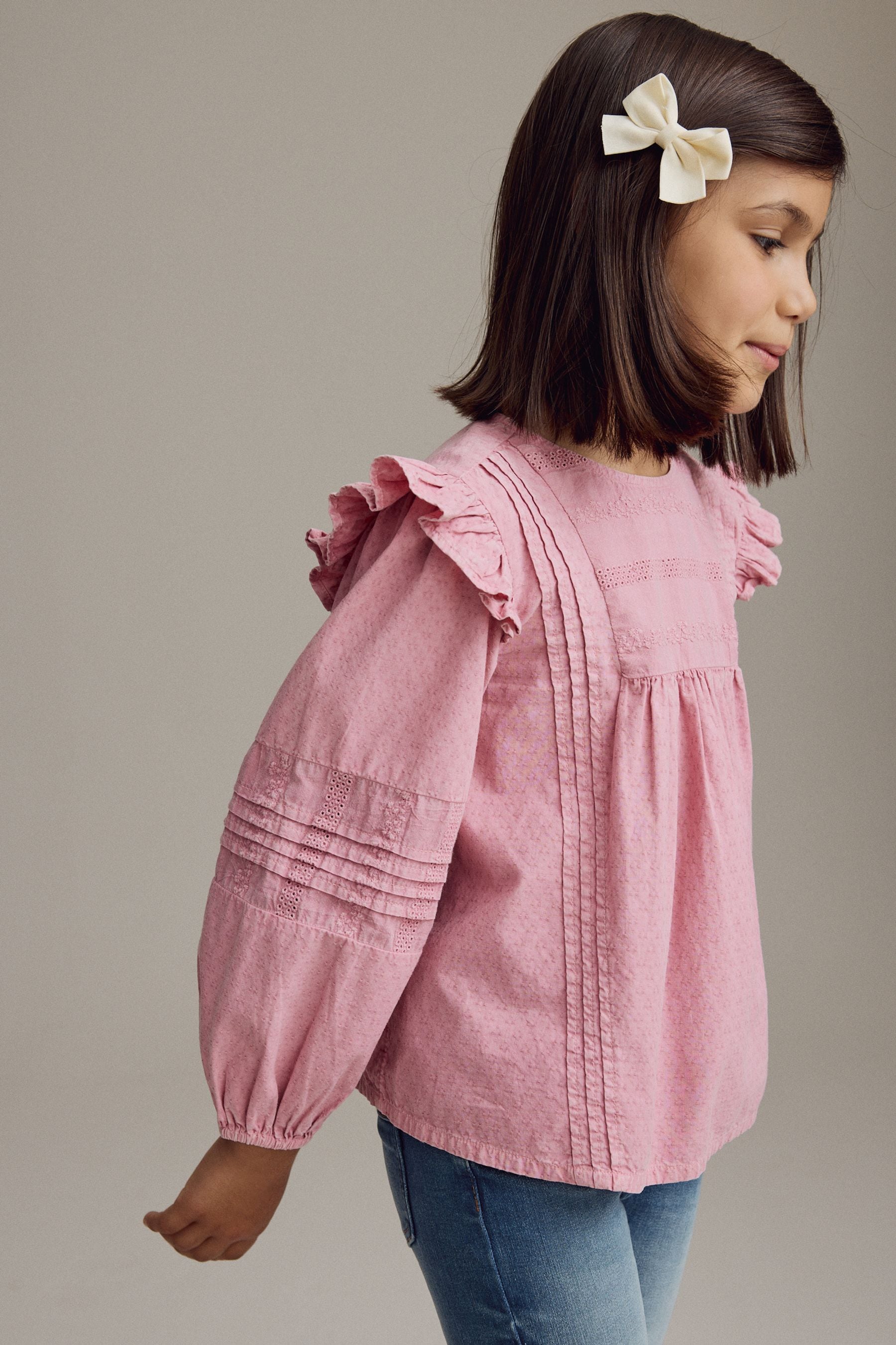 Pink Long Sleeve Frill 100% Cotton Blouse (3-16yrs)