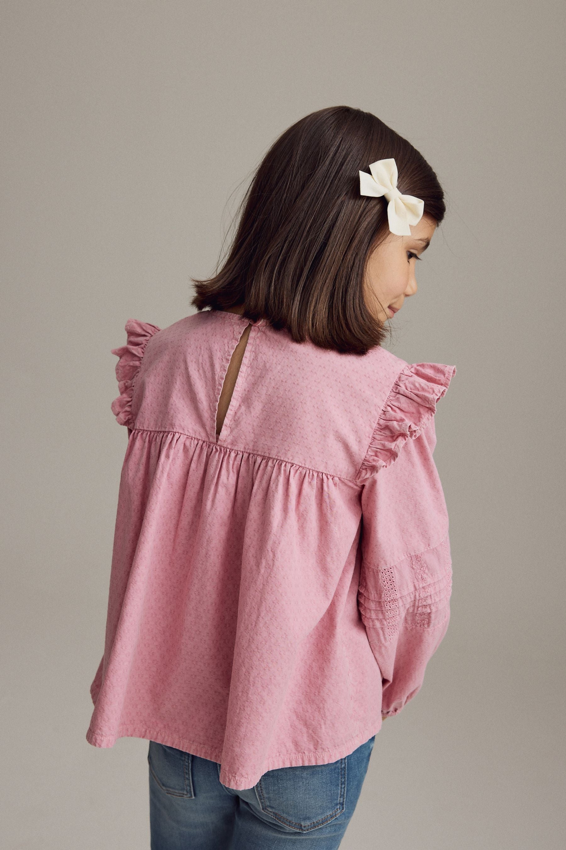 Pink Long Sleeve Frill 100% Cotton Blouse (3-16yrs)