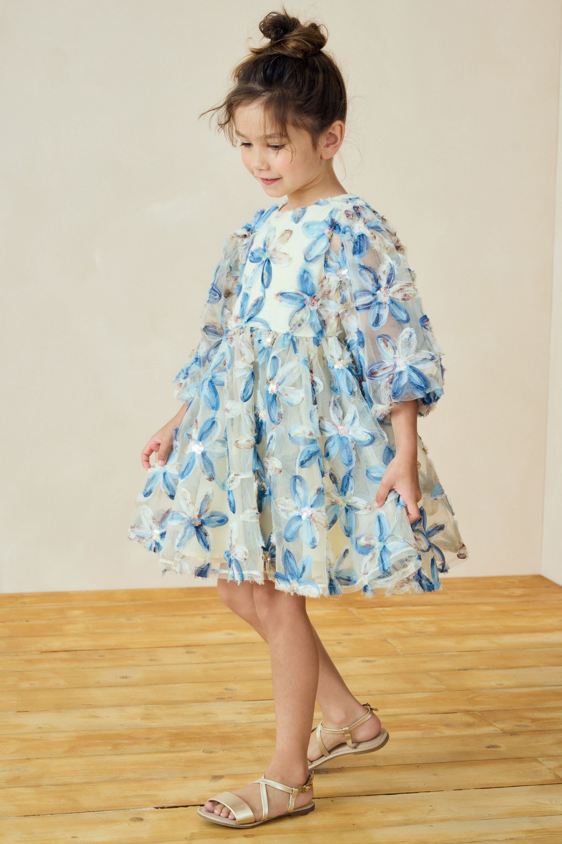 Blue Embellished Puff Sleeve Dress (3-16yrs)