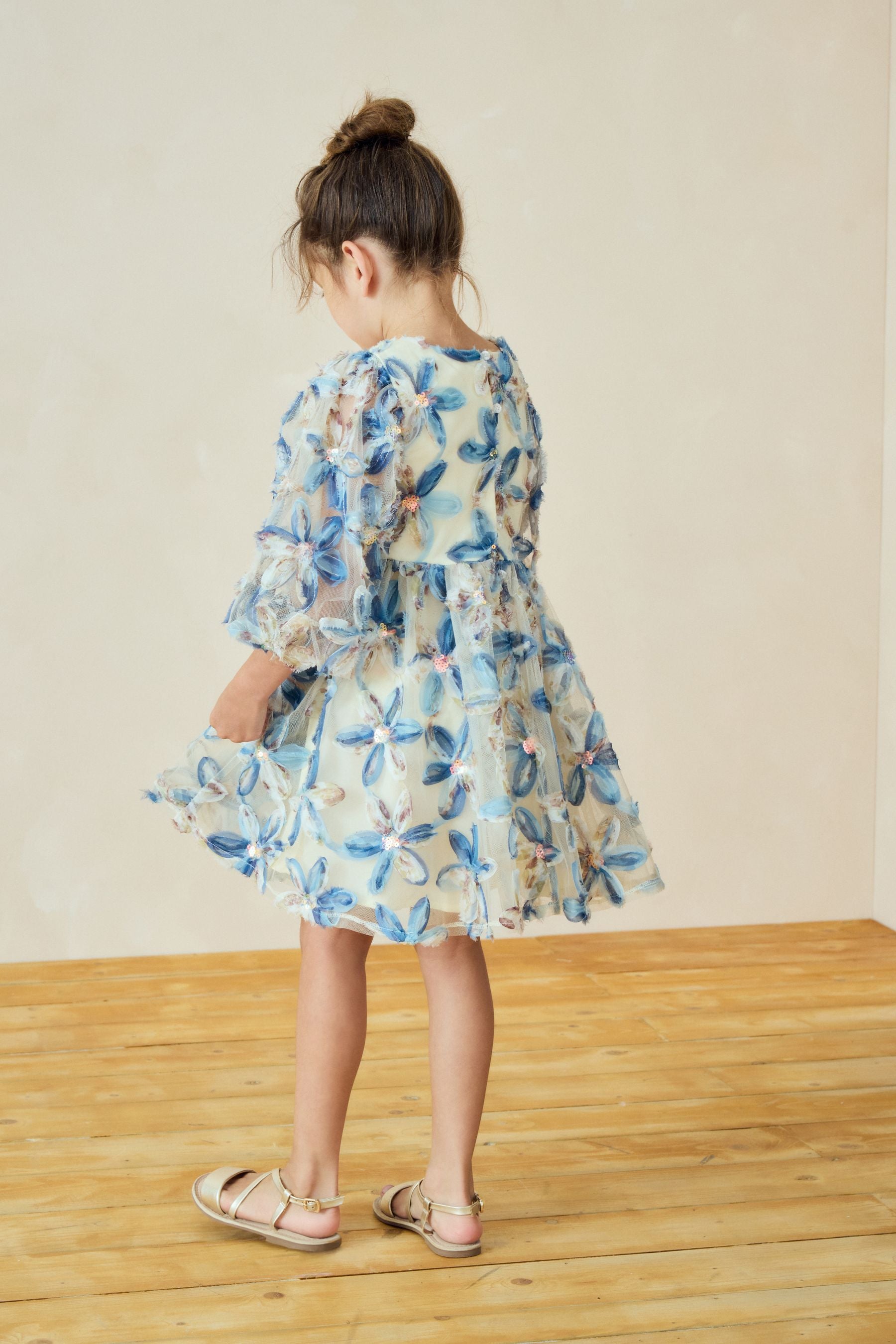 Blue Embellished Puff Sleeve Dress (3-16yrs)