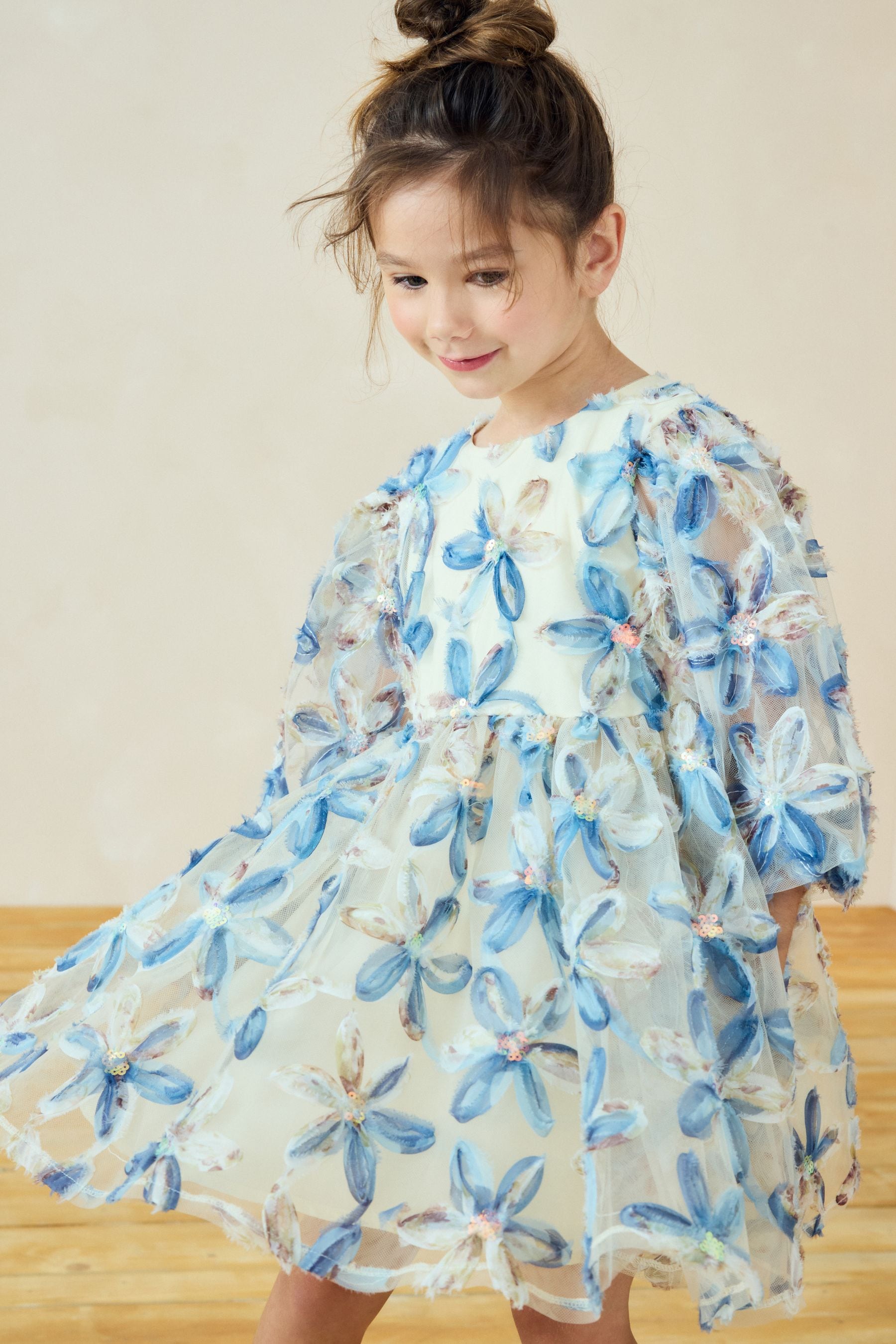 Blue Embellished Puff Sleeve Dress (3-16yrs)